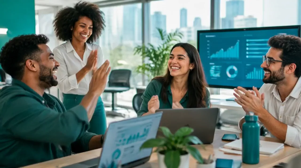 Um time de fintech comemora com um toque de mãos diante dos computadores.