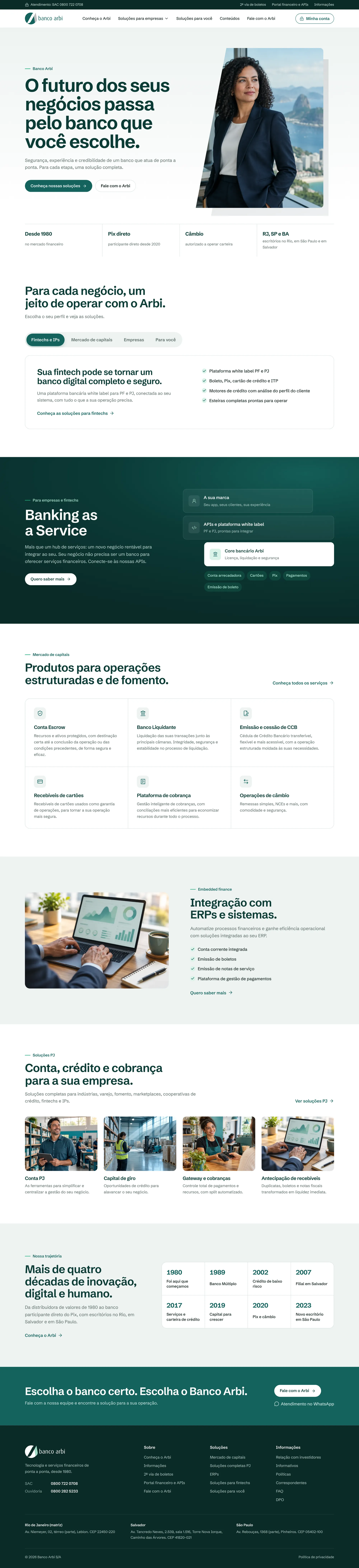 Home do novo site do Banco Arbi inteira: abertura com fatos do banco, abas por perfil, Banking as a Service, mercado de capitais, ERPs, soluções PJ, trajetória e rodapé.