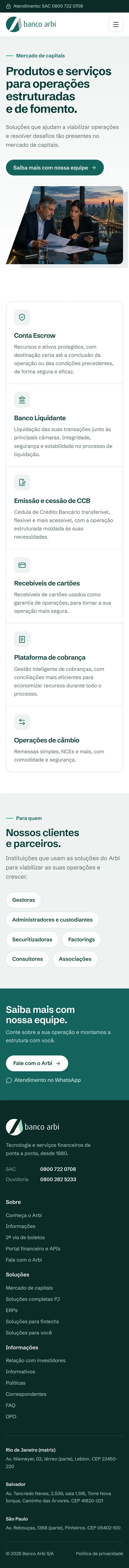 Página de mercado de capitais inteira: abertura, os seis serviços, perfis de clientes e parceiros e contato.
