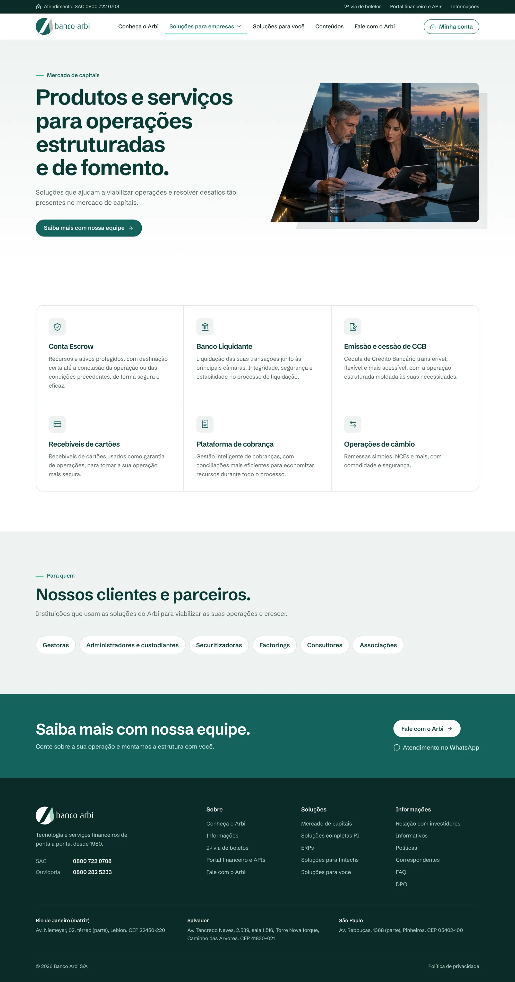 Página de mercado de capitais inteira: abertura, os seis serviços, perfis de clientes e parceiros e contato.