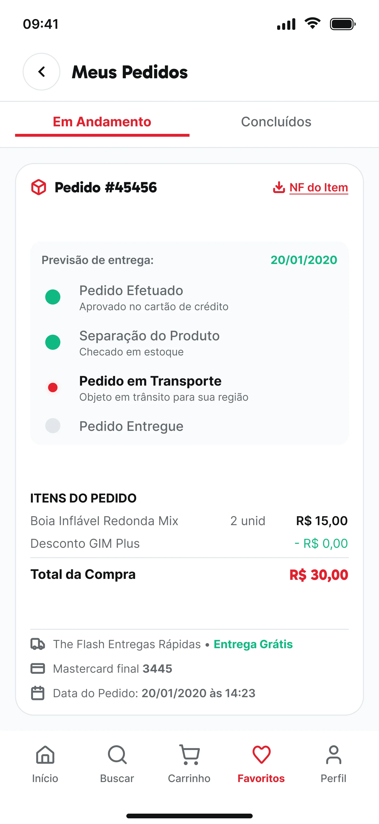 Meus pedidos: pedido em transporte, itens, entrega e pagamento