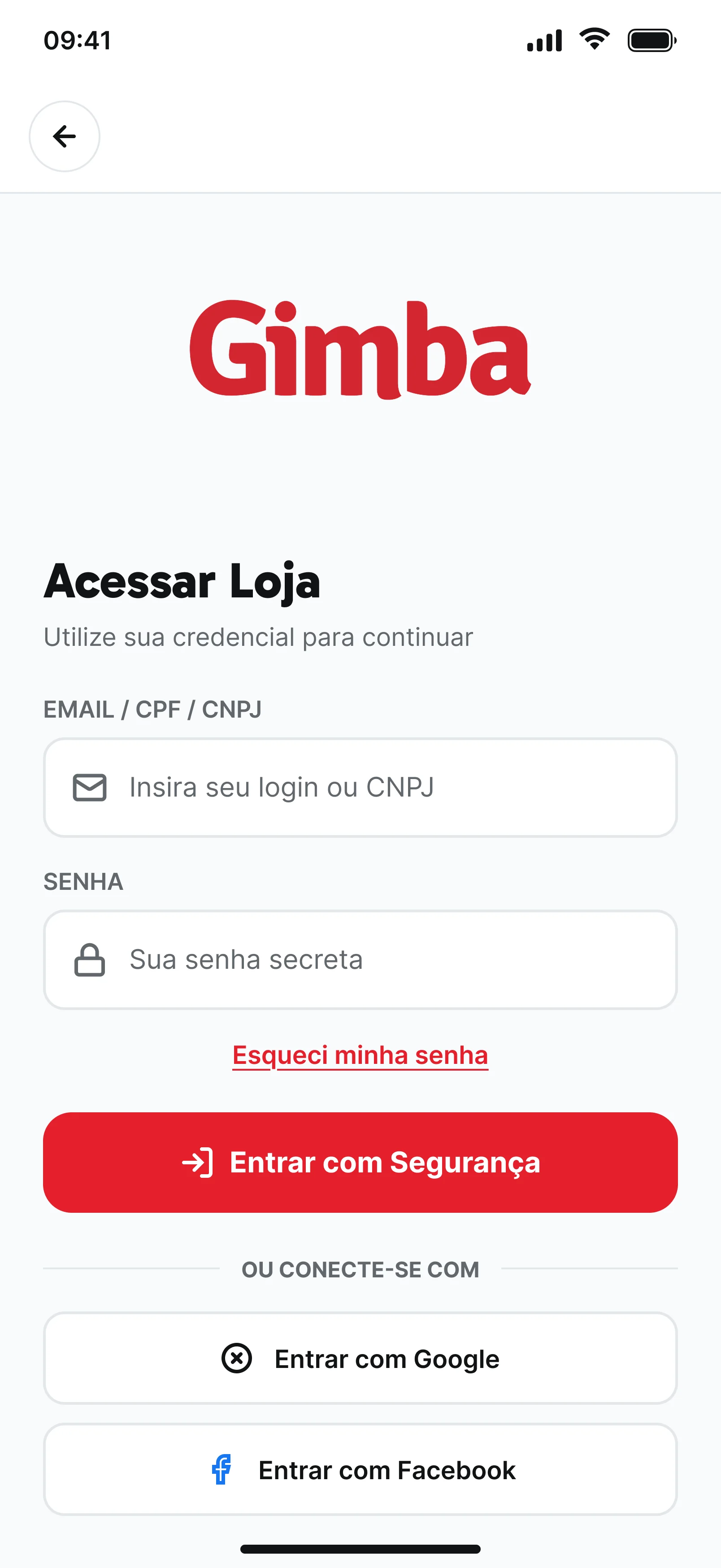 Acessar loja: e-mail, CPF ou CNPJ, senha e entrada com Google ou Facebook