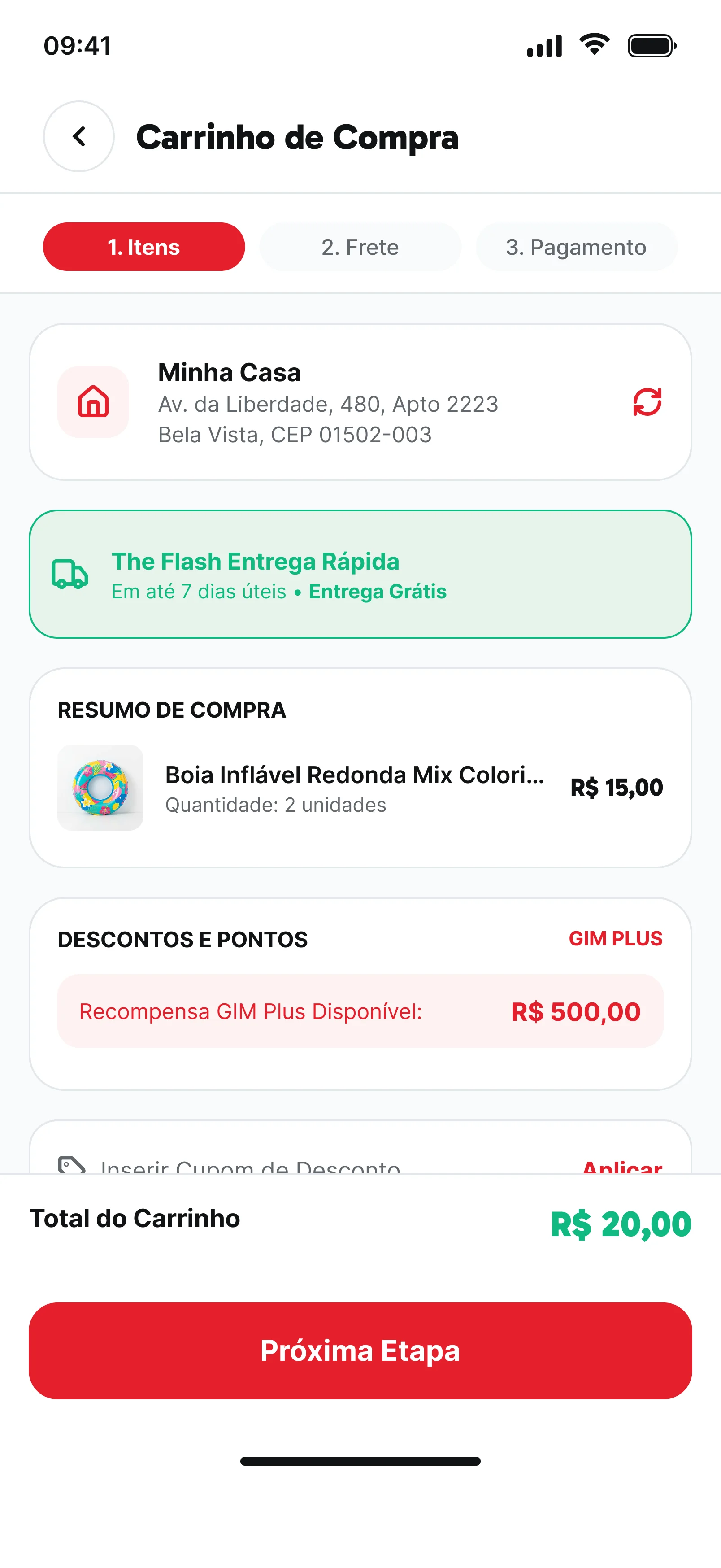 Carrinho de compra: endereço, entrega, resumo, descontos GIM Plus e total