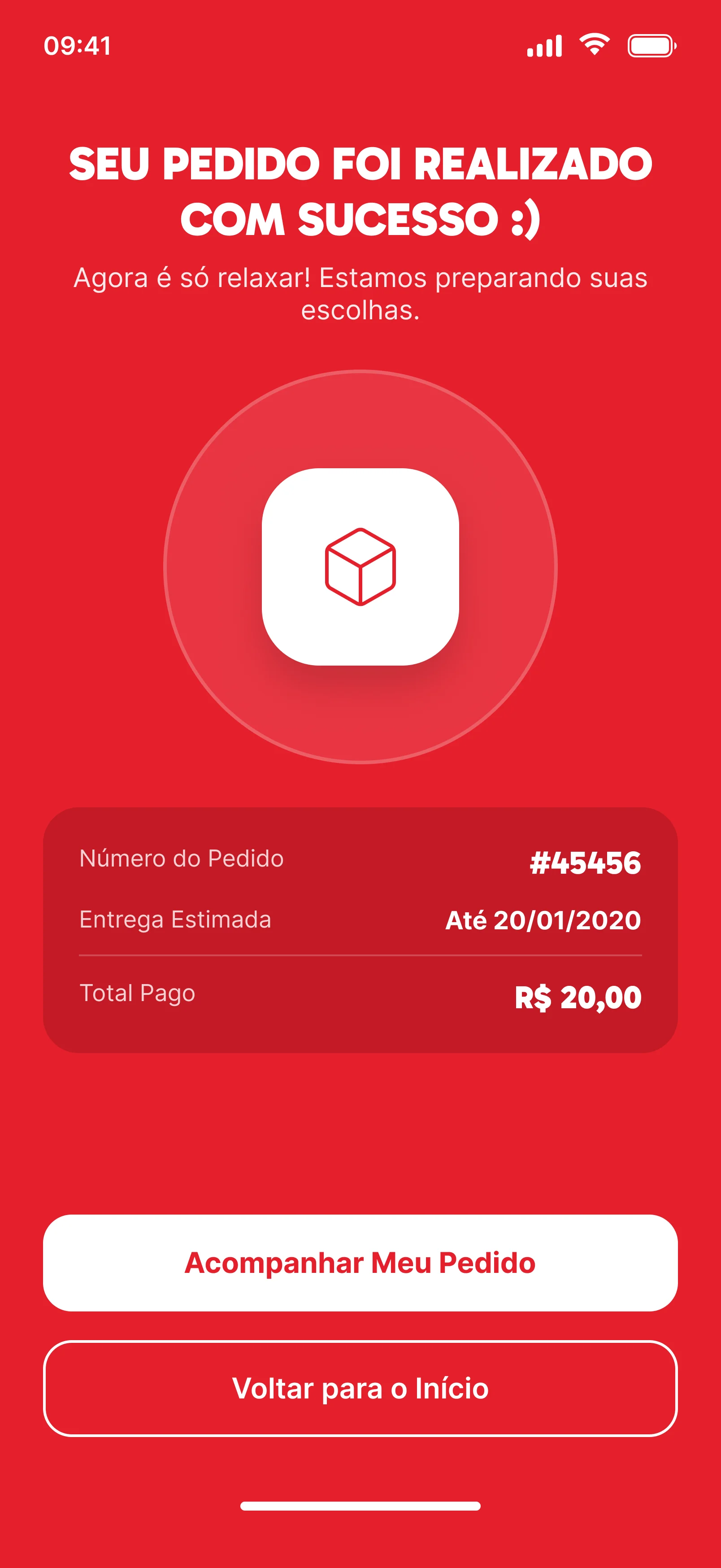 Seu pedido foi realizado com sucesso: número, entrega estimada e total pago