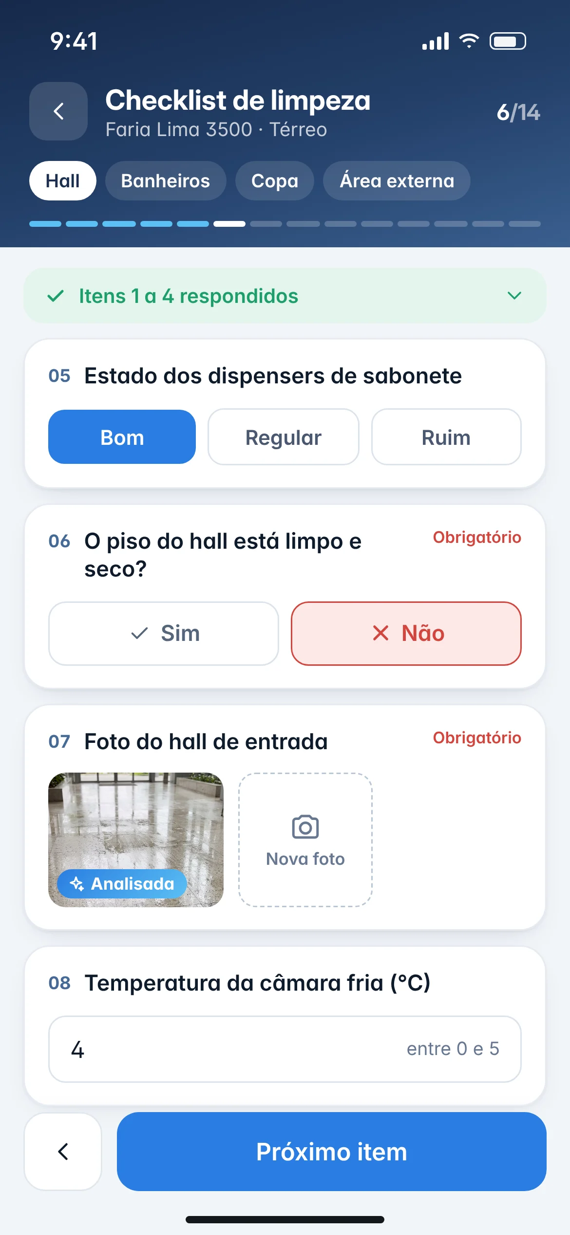 Checklist dinâmico com escolha única, sim ou não, foto obrigatória e campo numérico