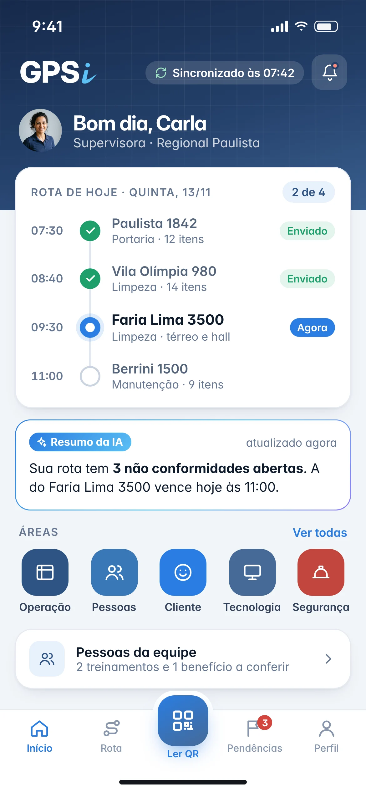Início do supervisor com a rota do dia, resumo da IA sobre não conformidades e as cinco áreas do app