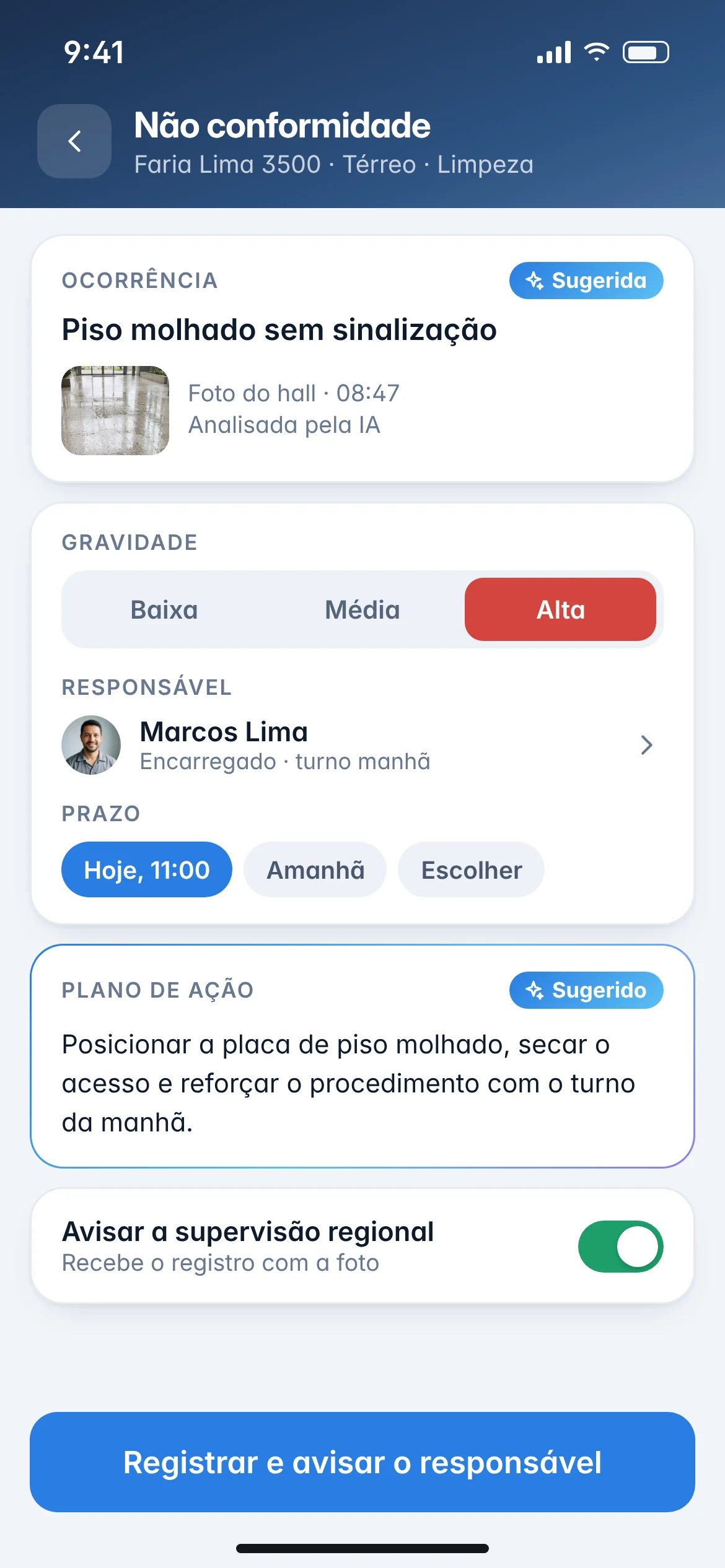 Registro de não conformidade com gravidade, responsável, prazo, foto e plano de ação