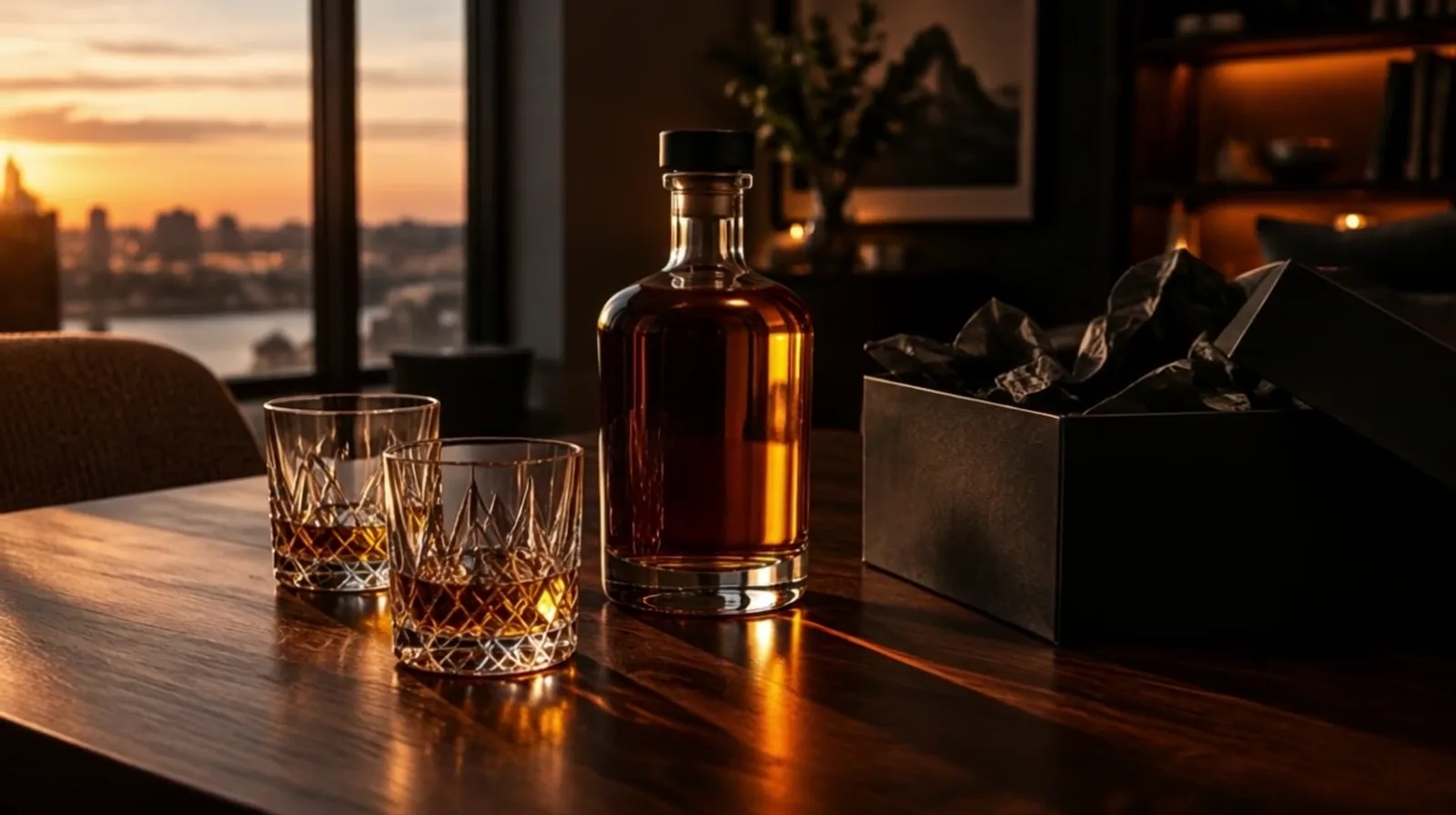 Uma garrafa de whisky sem rótulo, dois copos de cristal e uma caixa de presente aberta sobre a mesa, ao entardecer.