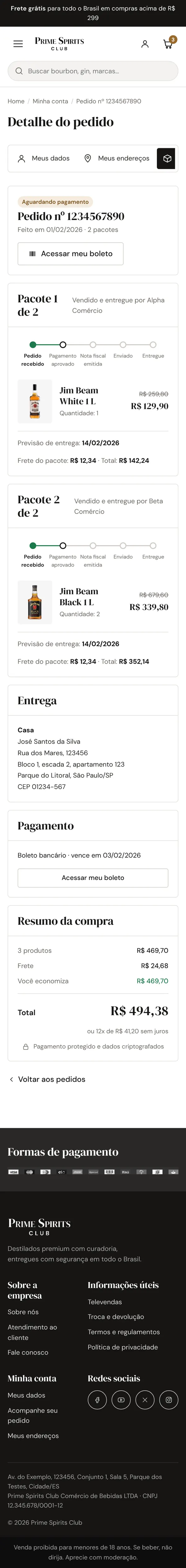 Detalhe do pedido com dois pacotes de vendedores diferentes e o acompanhamento de cada um.