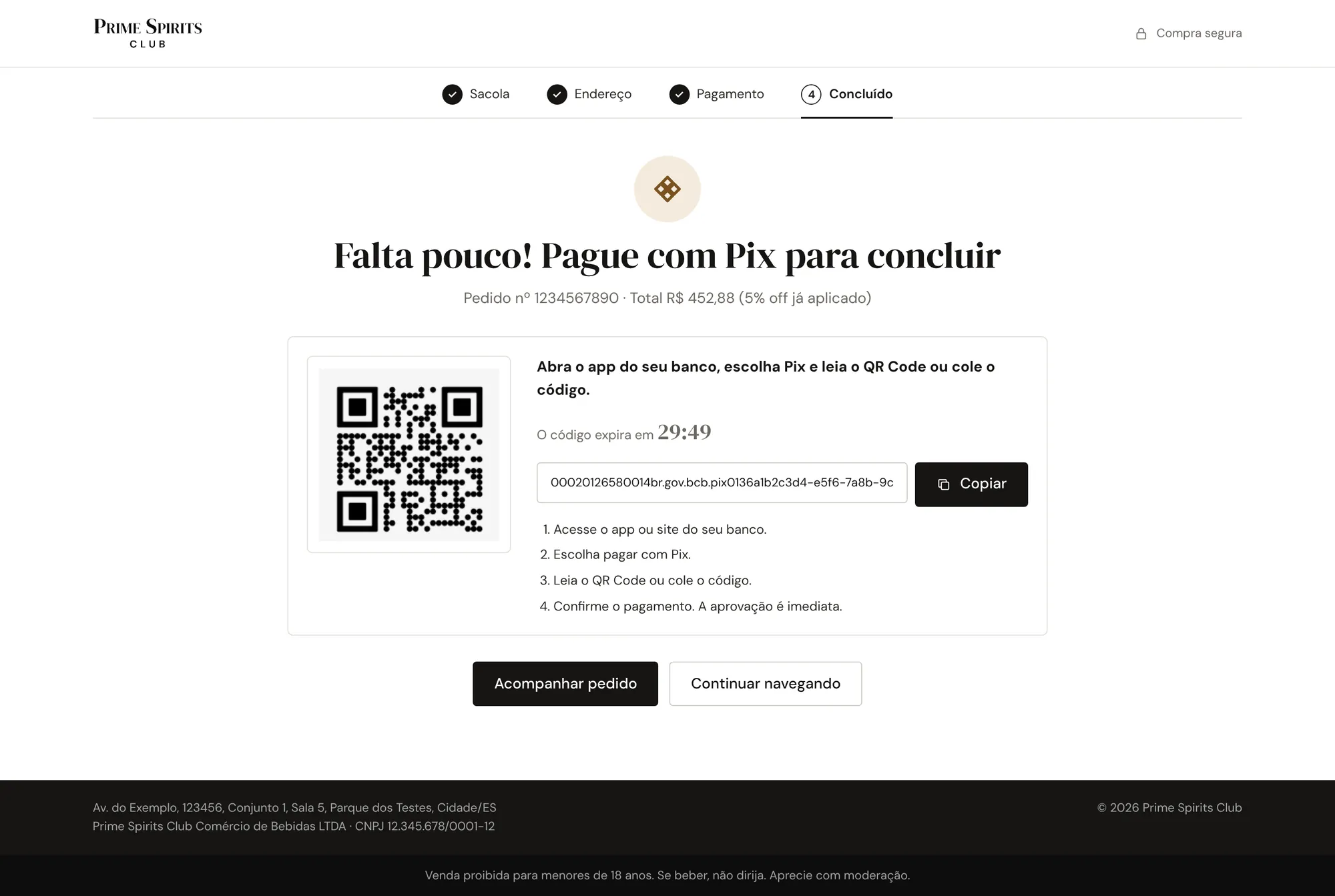 Confirmação com QR Code do Pix, código copia e cola e tempo restante para pagar.