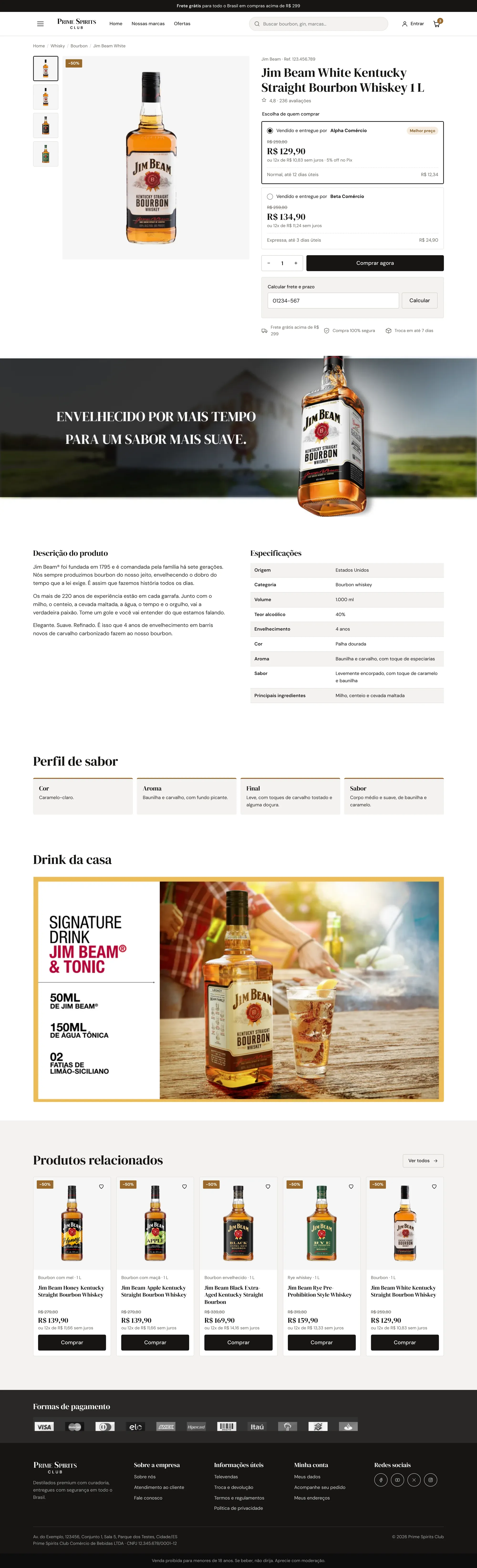 Página de produto do Jim Beam White inteira: galeria, ofertas de dois vendedores, frete, descrição, especificações, perfil de sabor, drink da casa e produtos relacionados.