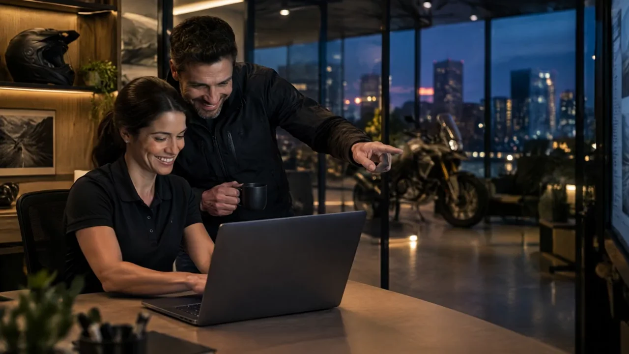 No escritório, ao entardecer, uma analista trabalha no notebook enquanto um colega aponta para a tela e os dois sorriem.