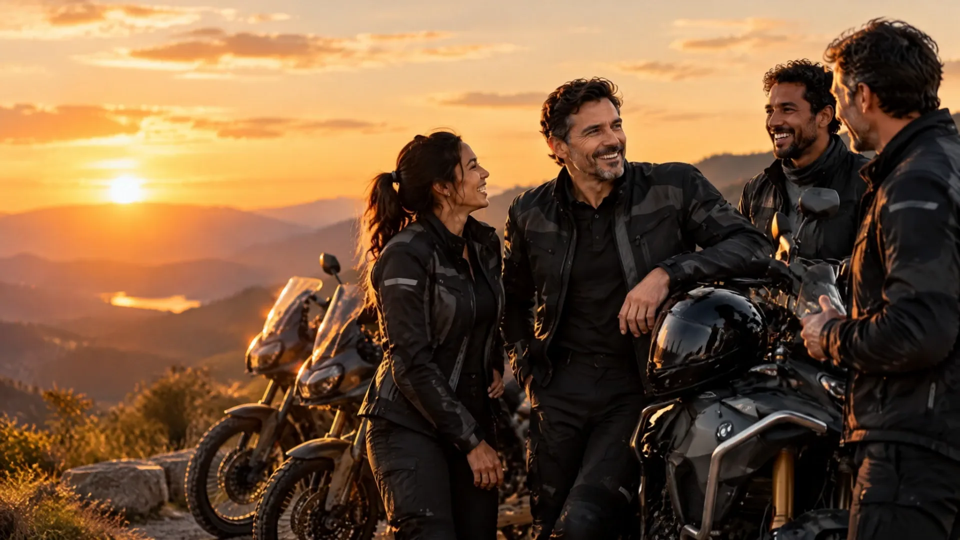 Ao pôr do sol, num mirante na serra, quatro motociclistas riem juntos ao lado das motos.