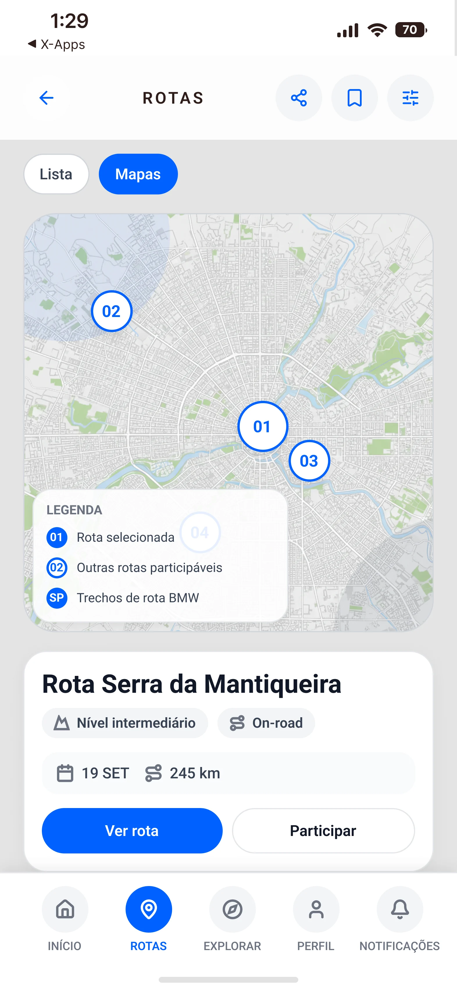 Rotas no mapa: rotas numeradas, legenda e a Rota Serra da Mantiqueira selecionada