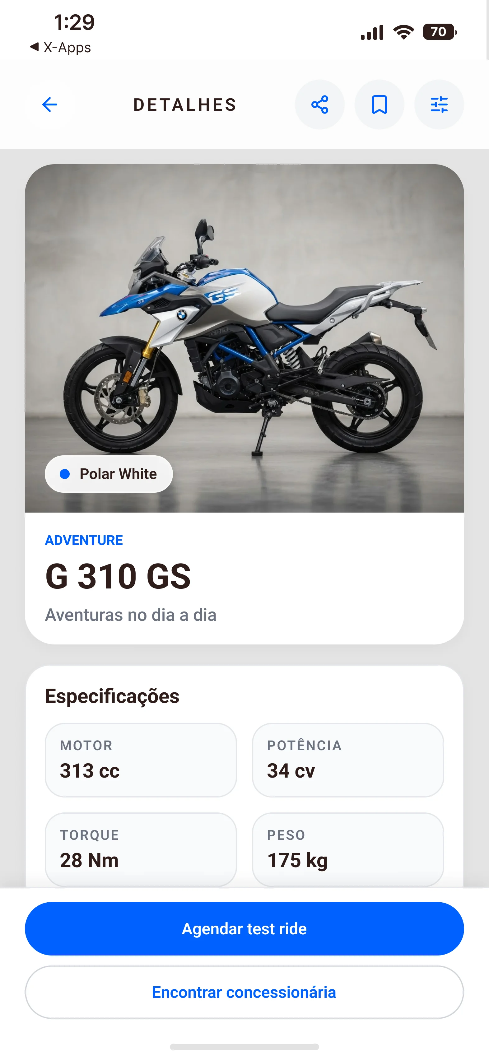 Detalhe da G 310 GS: motor, potência, torque, peso, agendar test ride e encontrar concessionária