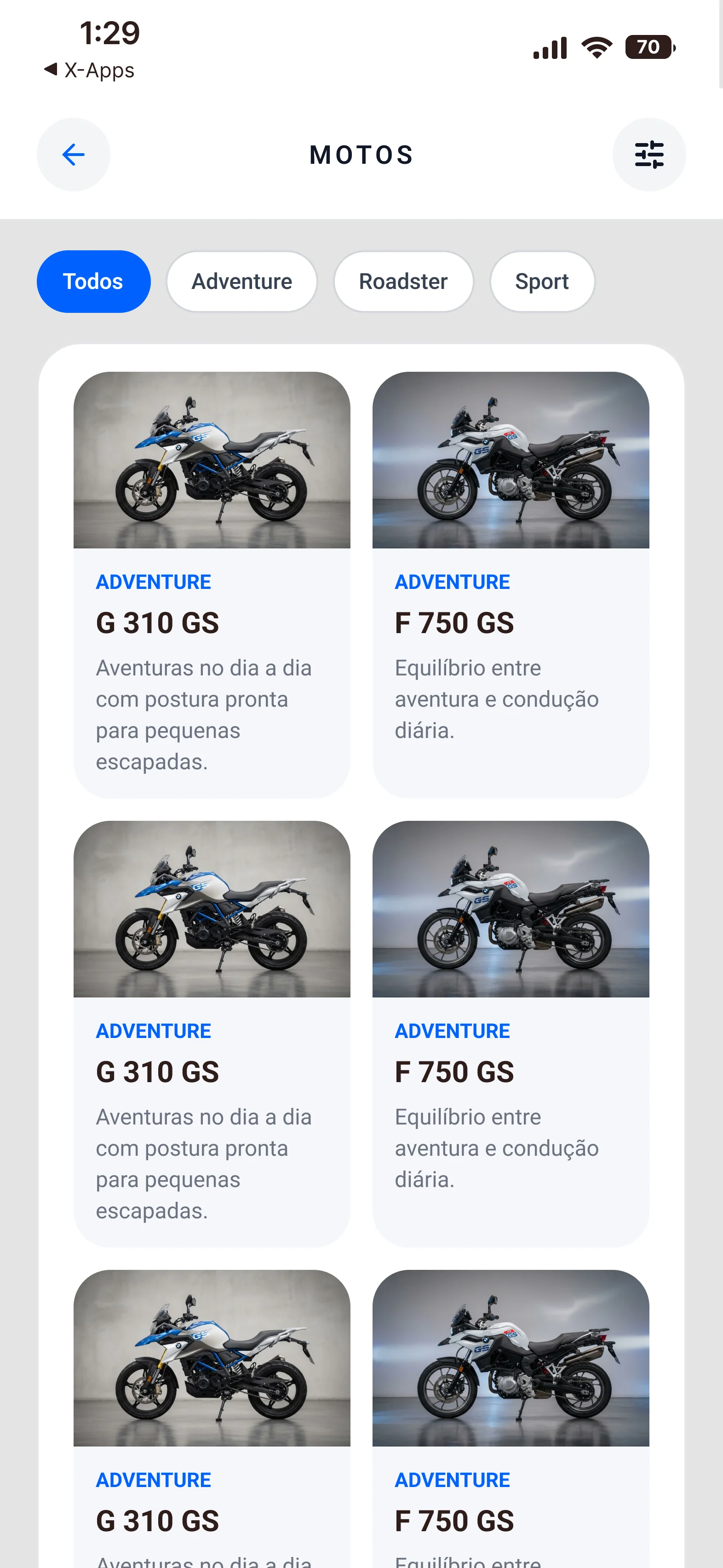 Motos: catálogo filtrado por Adventure, Roadster e Sport
