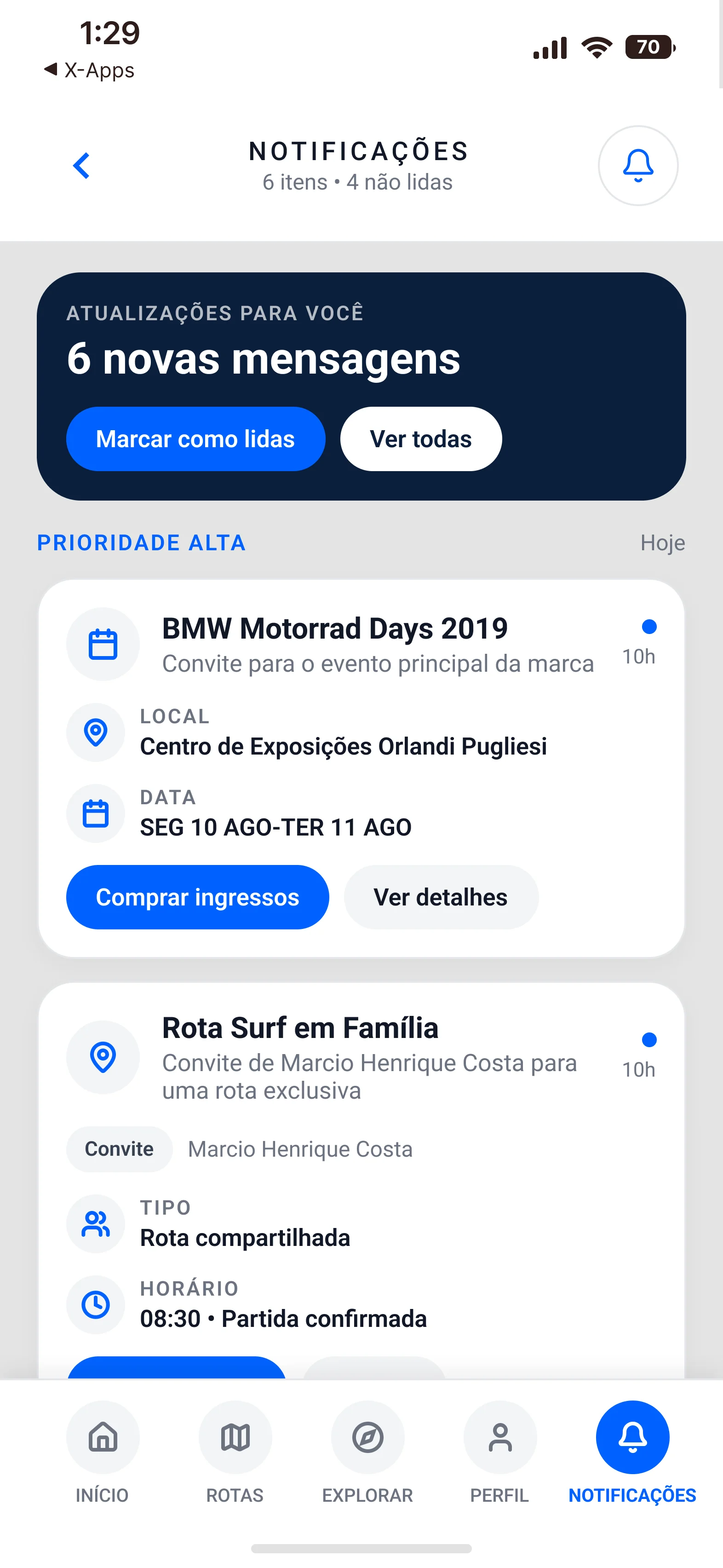 Notificações: 6 novas mensagens, convite para o grande encontro anual de motociclistas e uma rota compartilhada