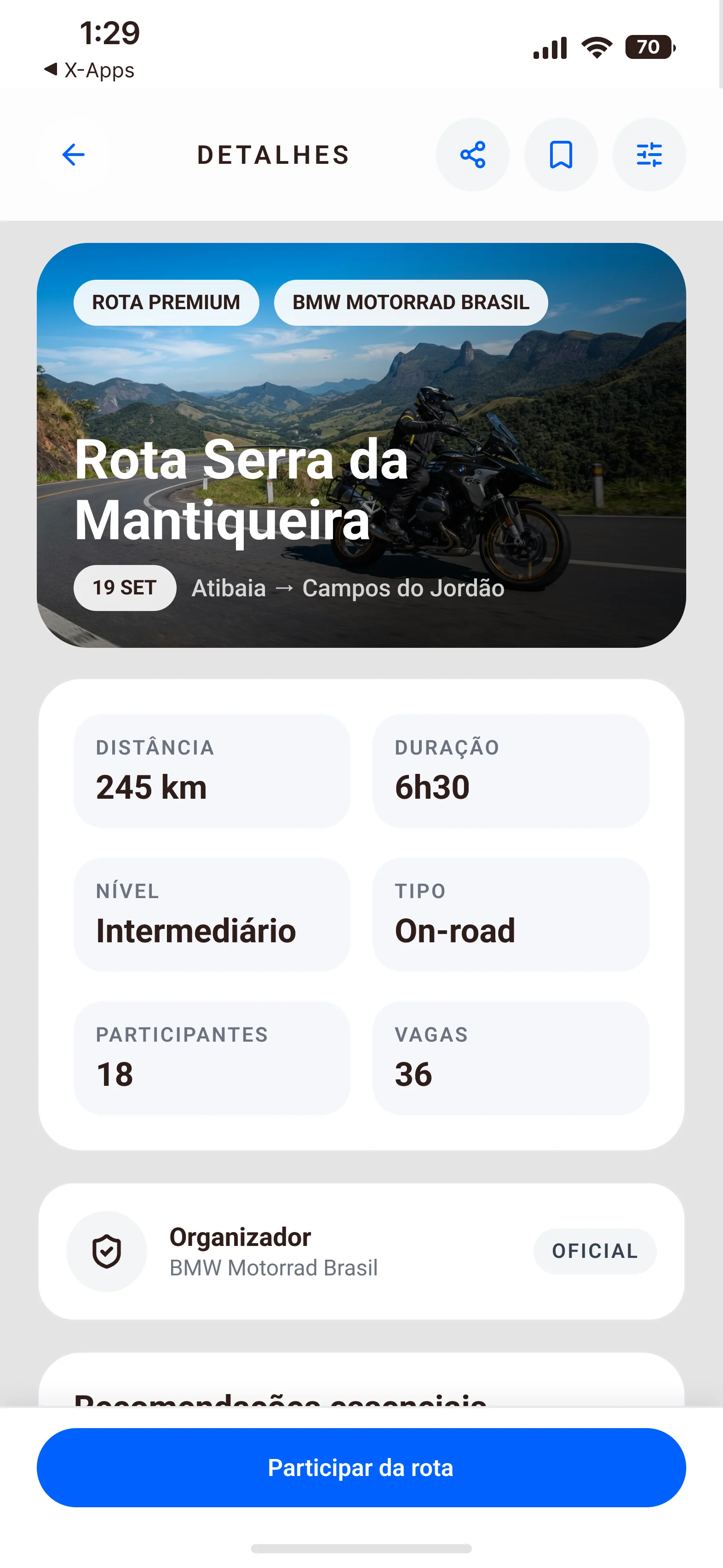 Detalhe da Rota Serra da Mantiqueira: distância, duração, nível, tipo, participantes e vagas