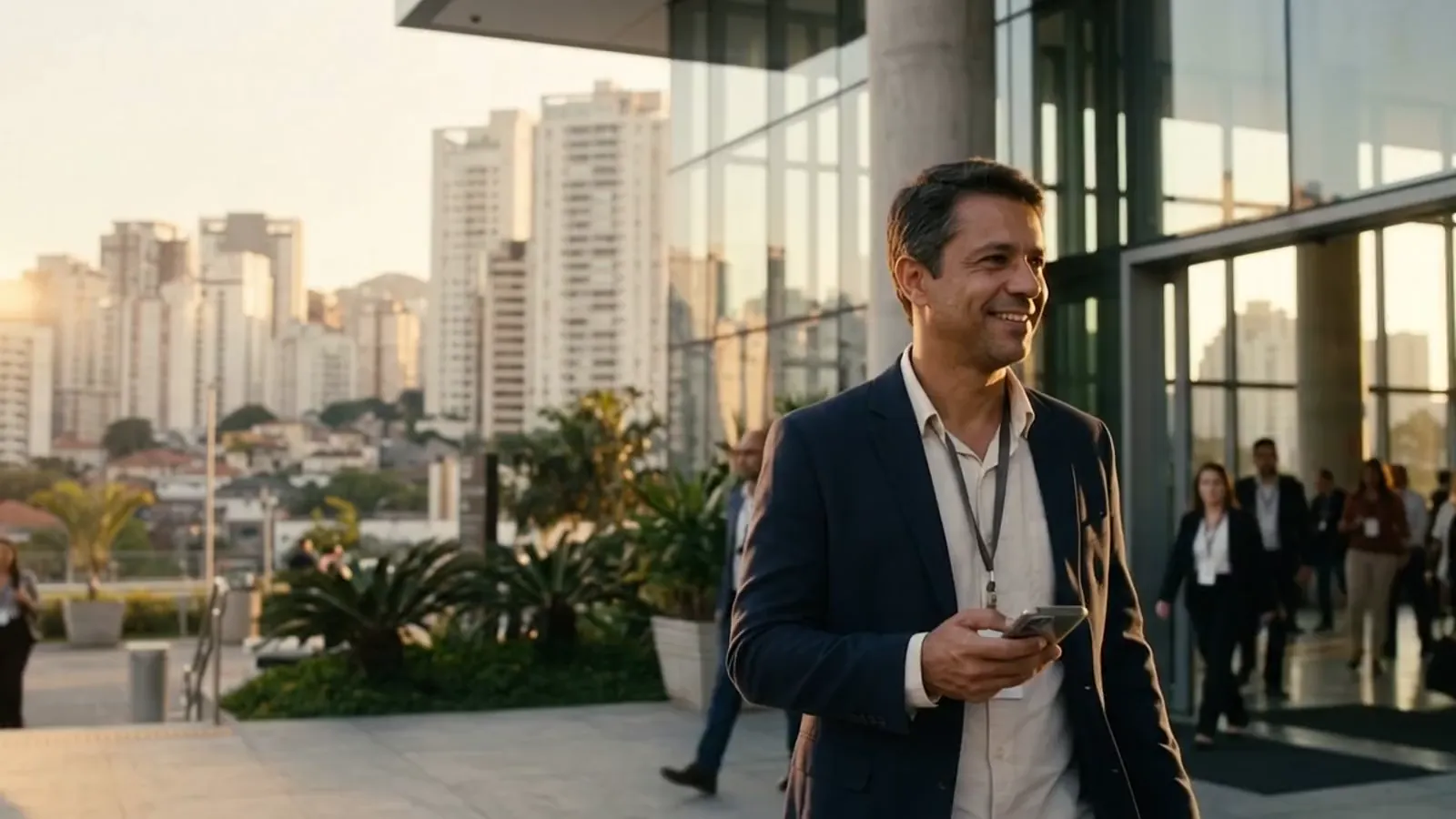 No fim da tarde, um participante sai de um centro de convenções em São Paulo sorrindo com o celular na mão.
