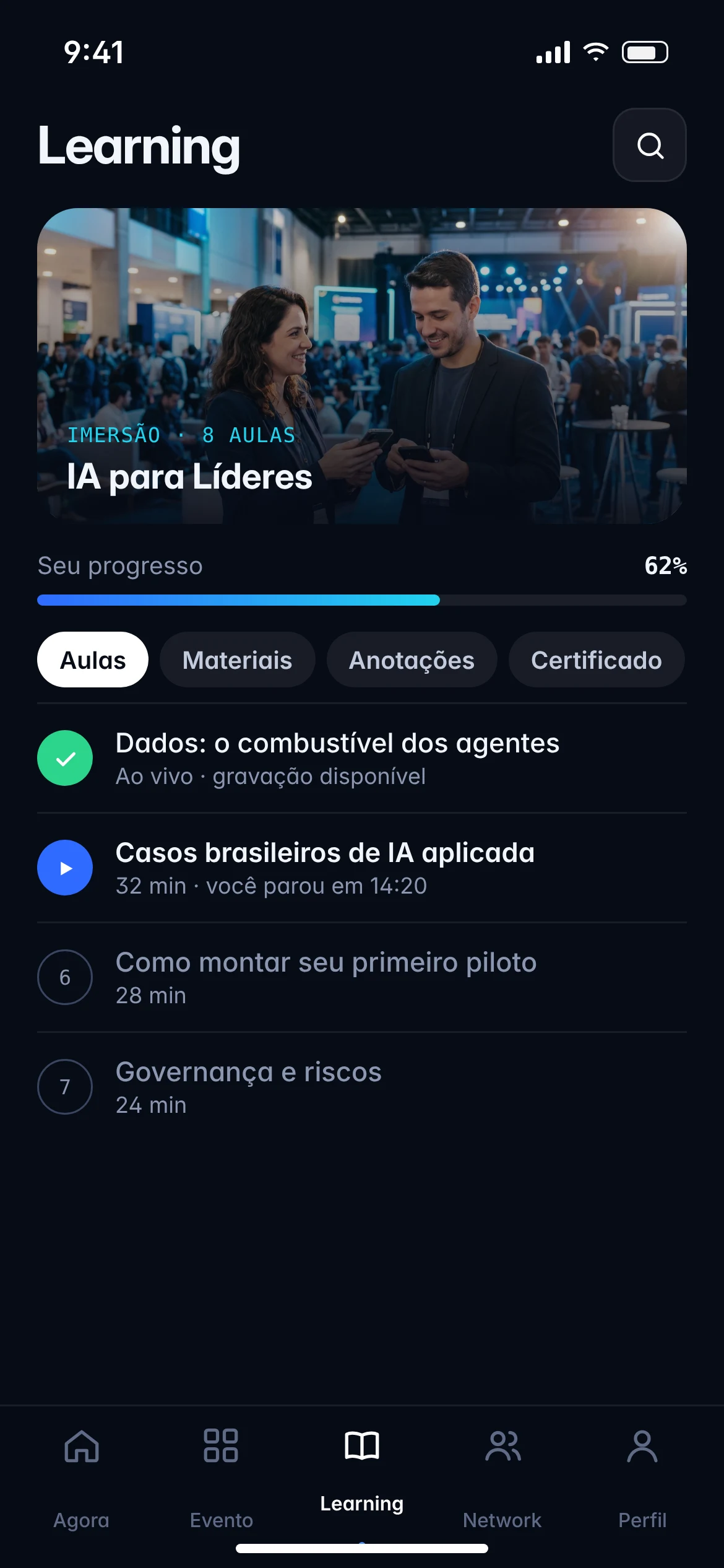 Learning: imersão com progresso, aulas, materiais, anotações e certificado