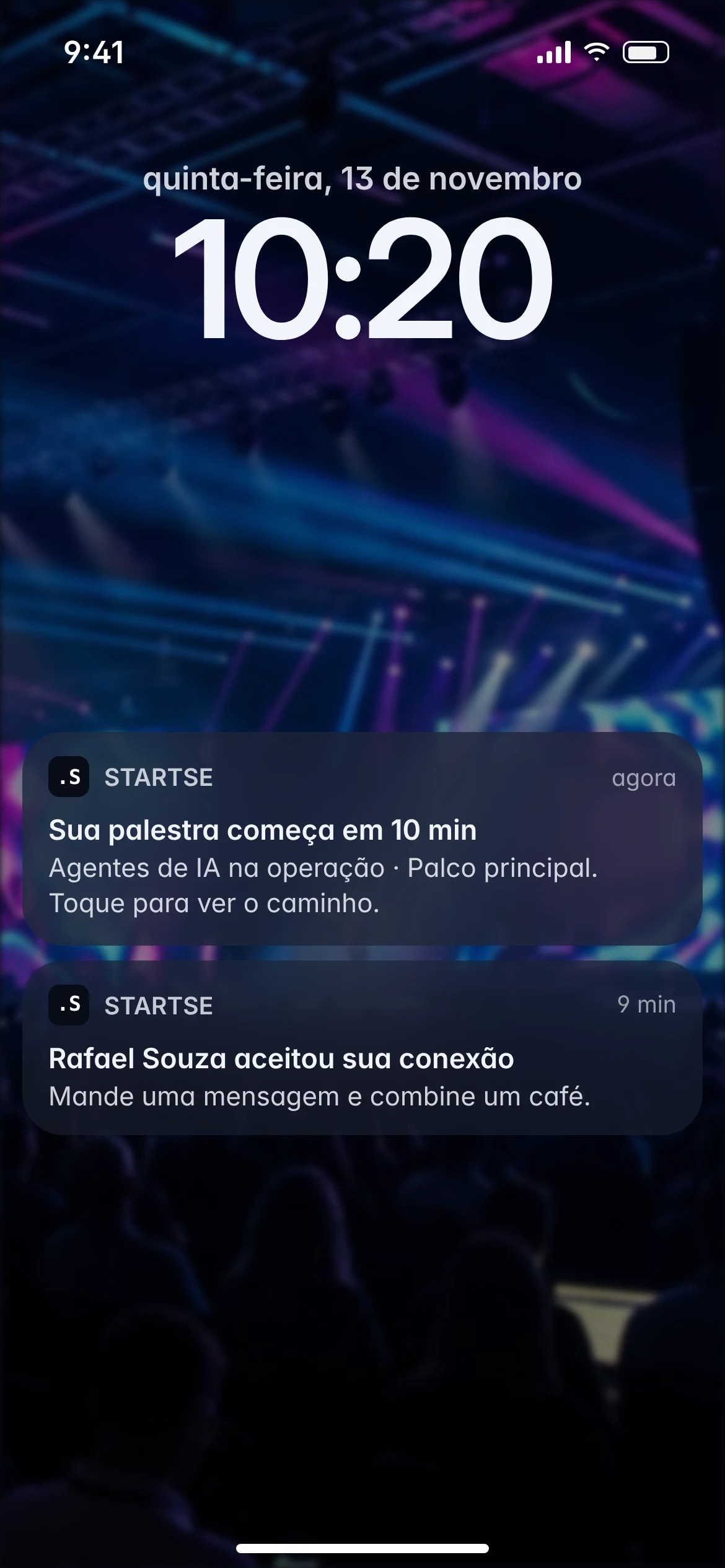 Notificações na tela bloqueada: palestra começando em 10 minutos e conexão aceita