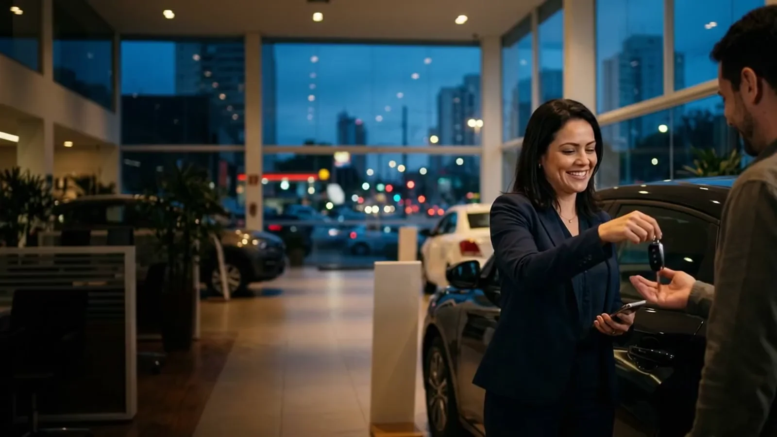 No fim da tarde, numa concessionária em São Paulo, uma agente de financiamento entrega as chaves do carro a um cliente.