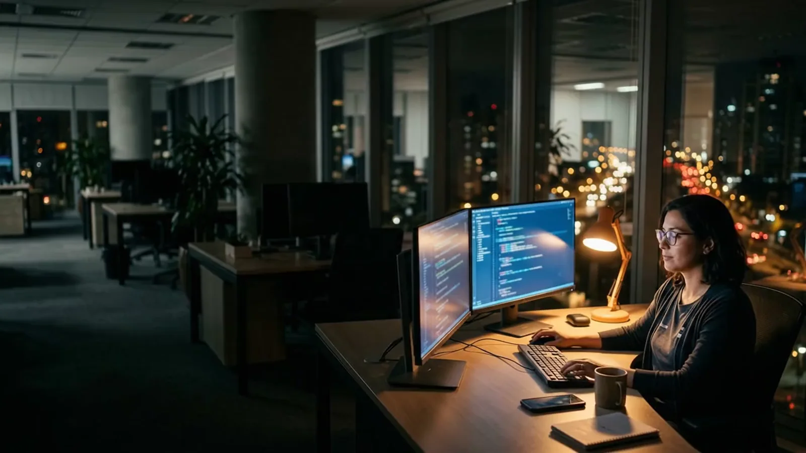 À noite, num escritório de software em São Paulo, uma desenvolvedora trabalha com calma diante de dois monitores.