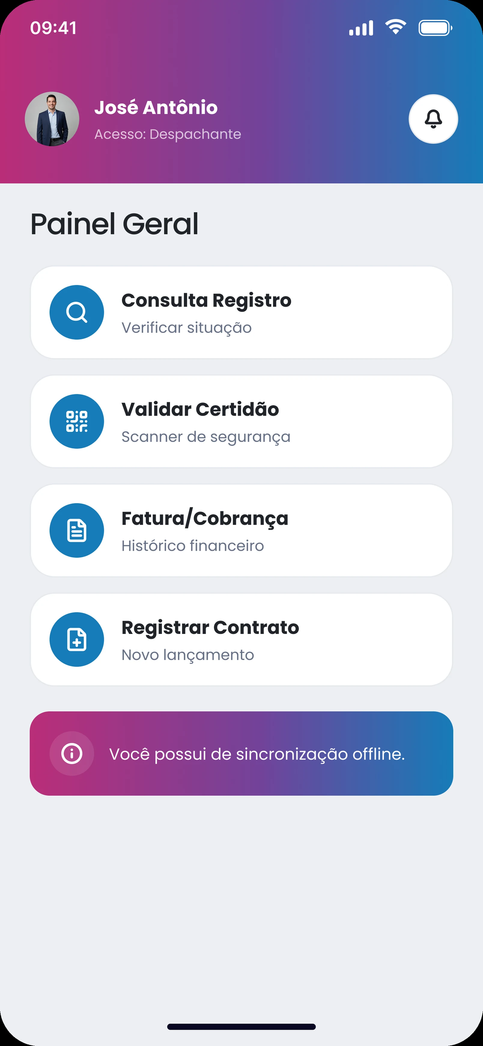 Painel geral: consulta de registro, validar certidão, fatura e cobrança e registrar contrato