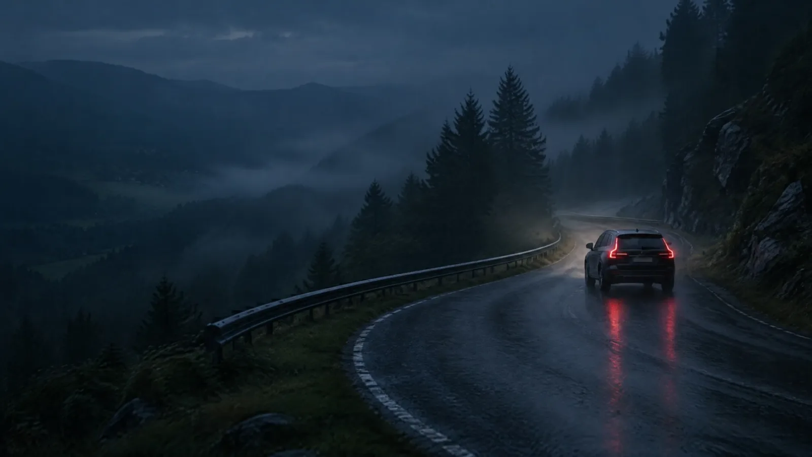 Ao entardecer, o carro se afasta pela estrada de montanha molhada, com as lanternas acesas, até quase sumir na curva.