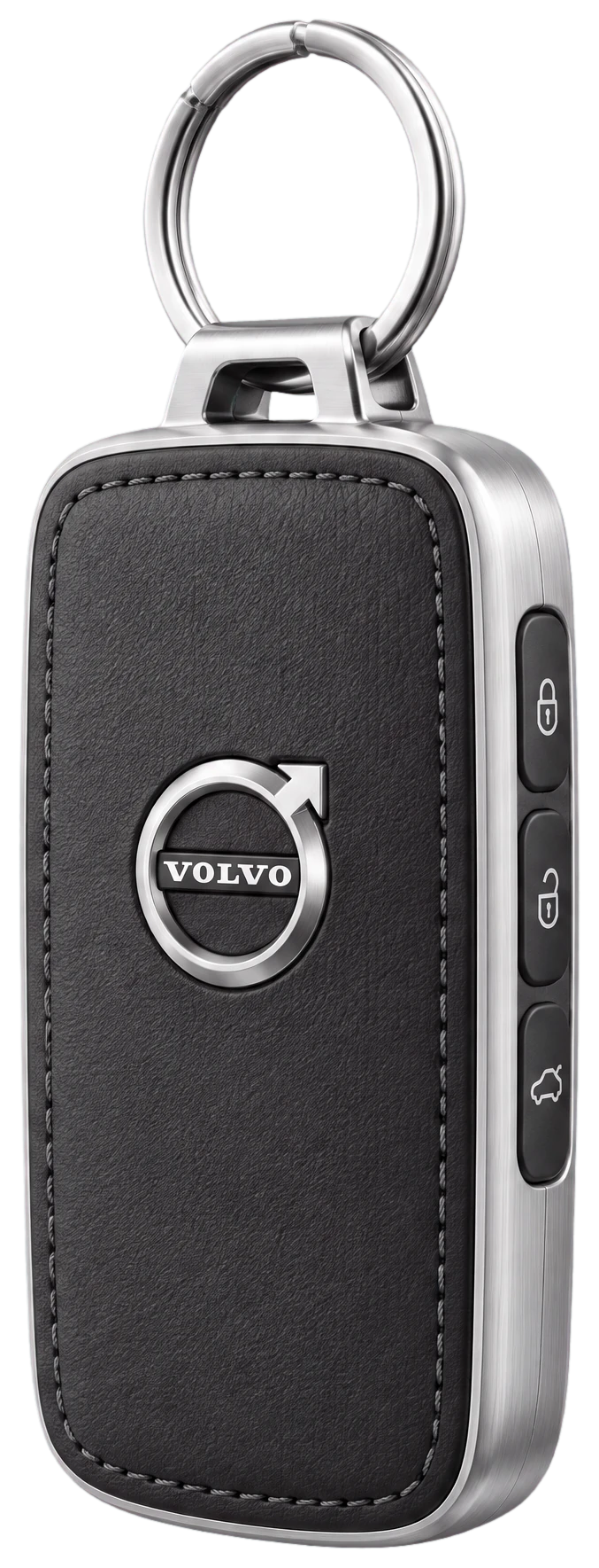 Chave de um Volvo, com a face em couro grafite, moldura de alumínio e o emblema da marca.