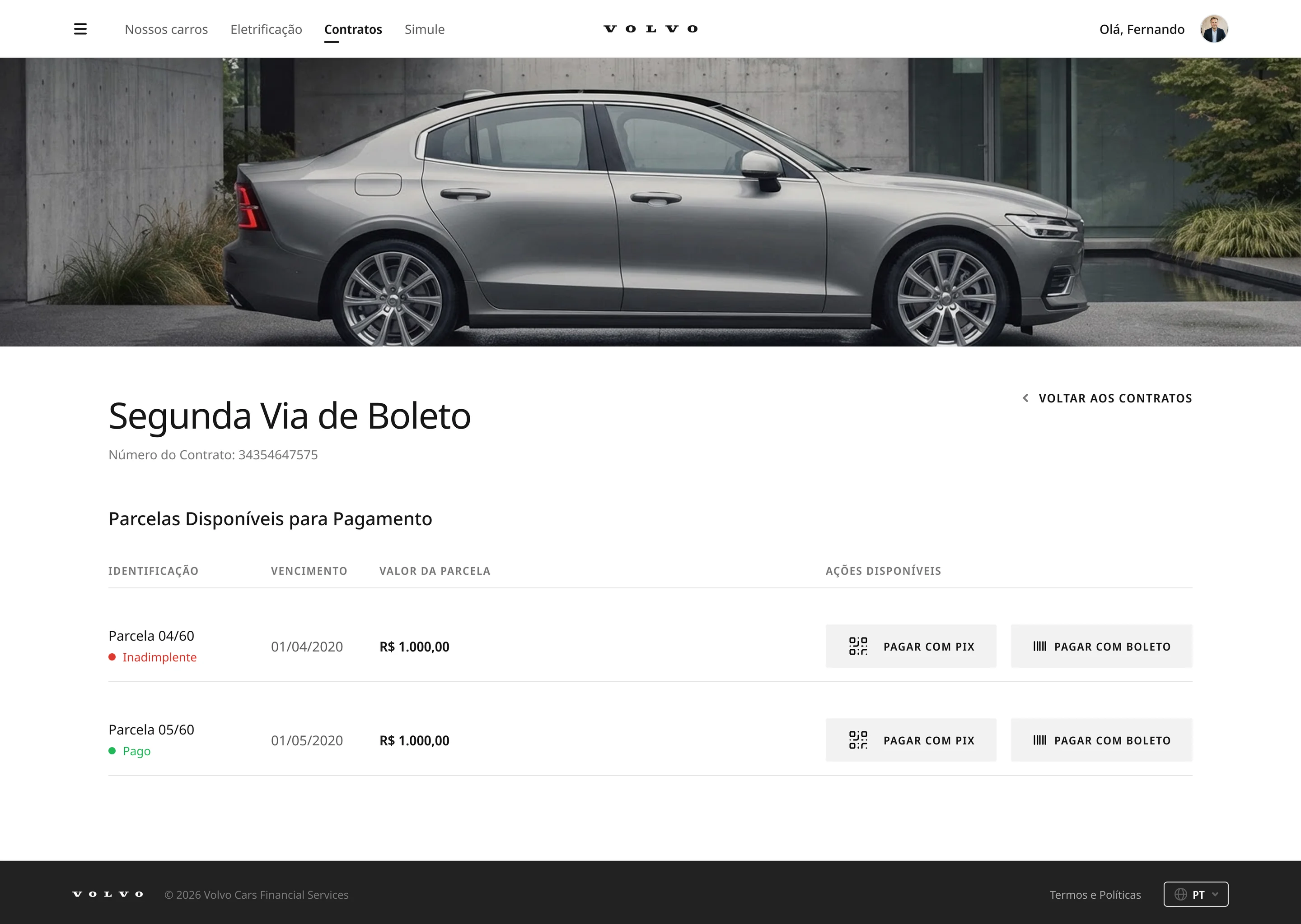Segunda Via de Boleto: parcelas com vencimento, valor e situação, e as opções Pagar com Pix e Pagar com boleto
