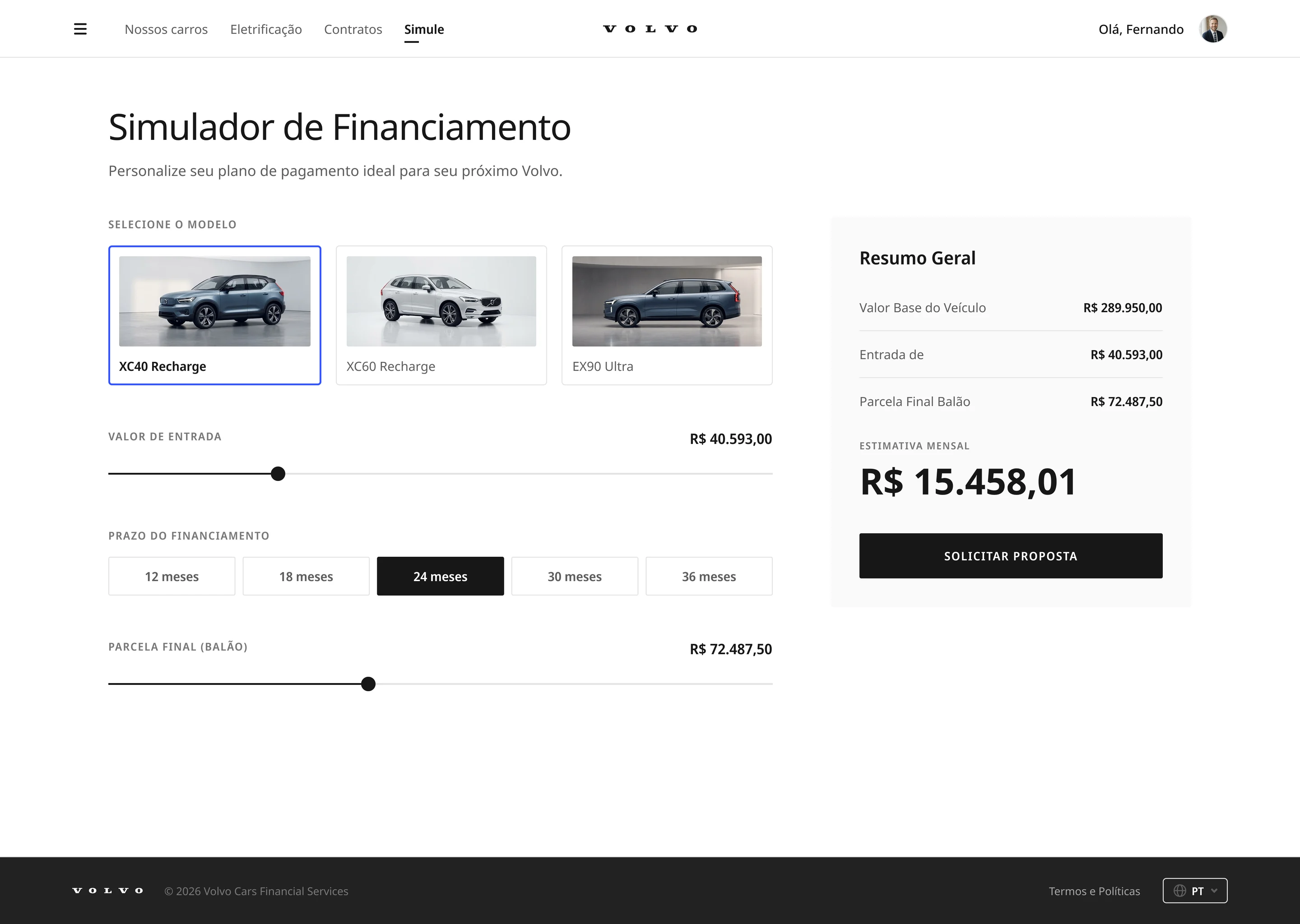 Simulador de Financiamento: escolha do modelo, valor de entrada, prazo e parcela final, com o resumo e a estimativa mensal