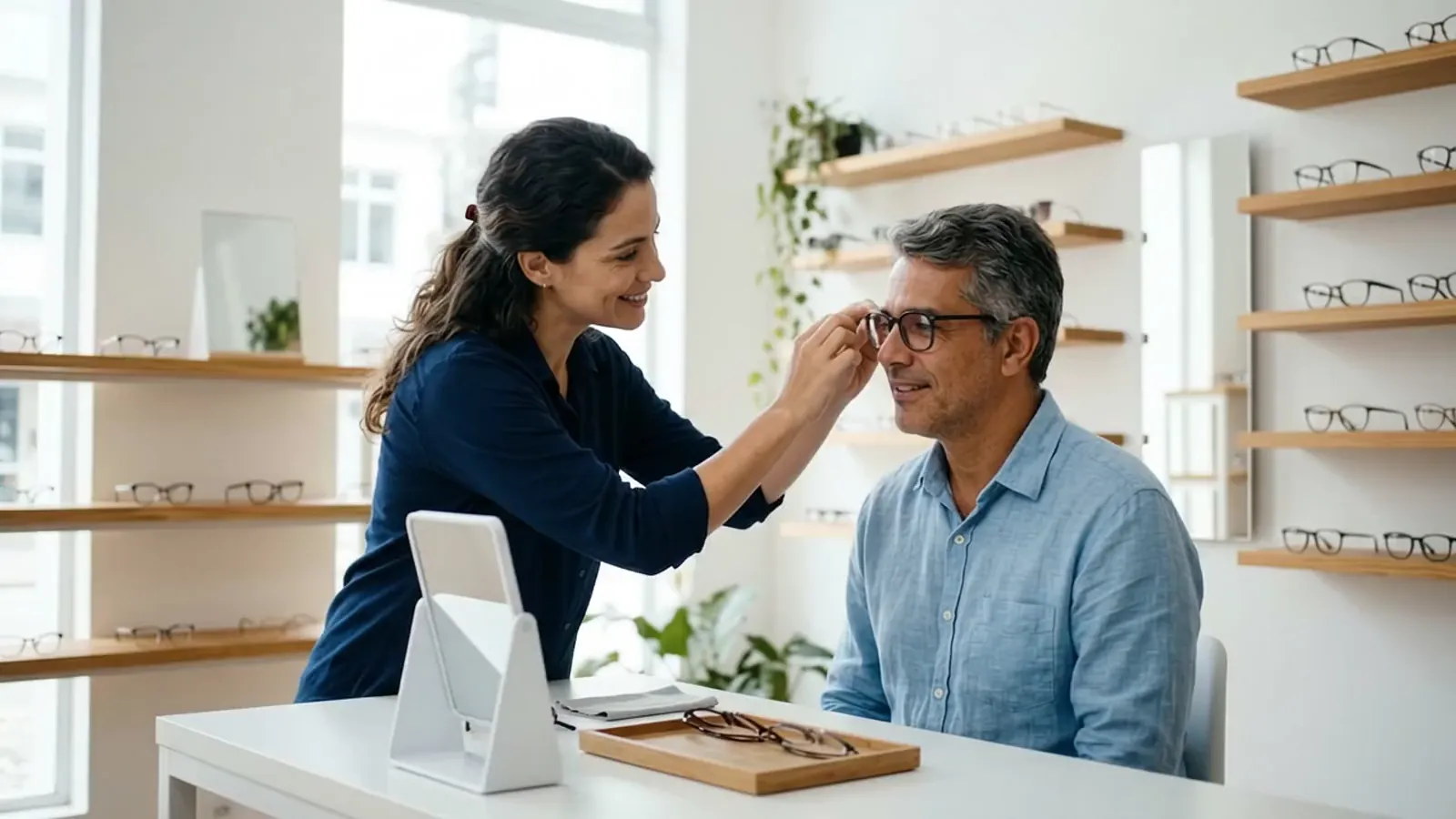 Numa ótica em São Paulo, a optometrista ajusta os óculos novos de um cliente, que sorri satisfeito.
