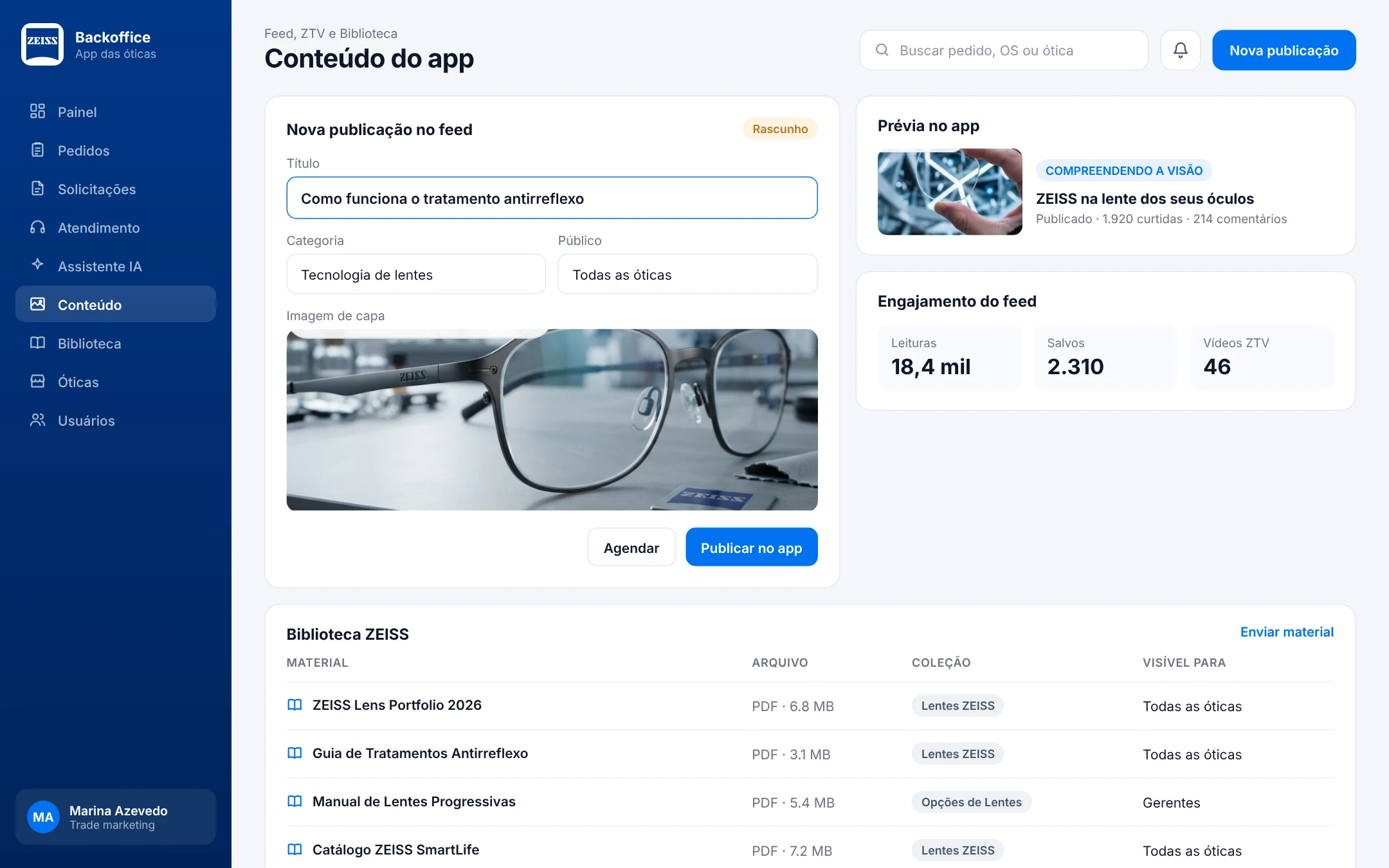 Backoffice: editor de publicação do feed, prévia no app, engajamento e materiais da Biblioteca ZEISS