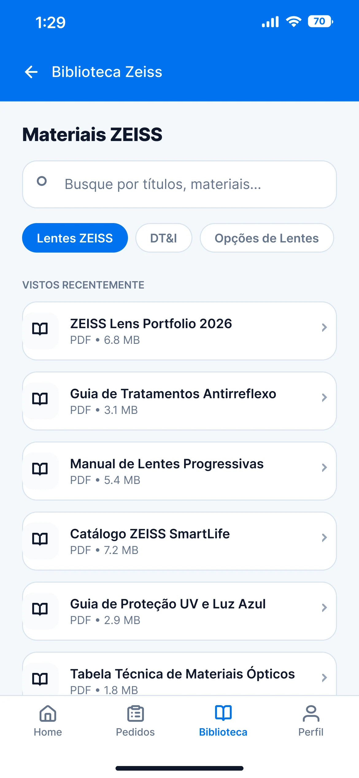 Biblioteca ZEISS: materiais em PDF sobre lentes, tratamentos e tecnologia