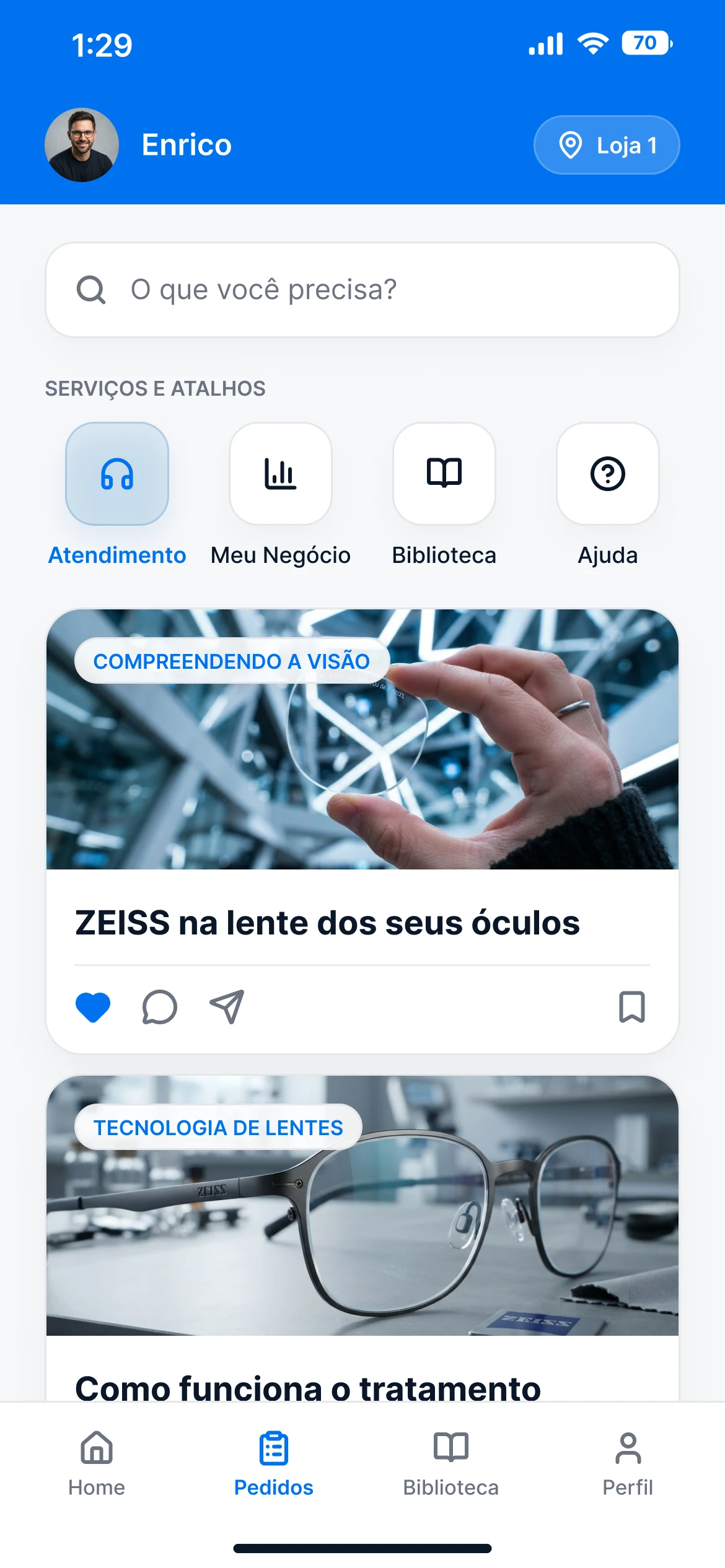 Início: atalhos para atendimento, meu negócio, biblioteca e ajuda, e o feed de conteúdos ZEISS