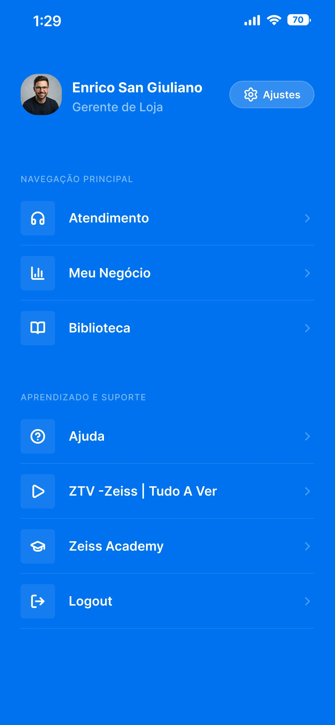 Menu do gerente de loja: atendimento, meu negócio, biblioteca, ajuda, ZTV e Zeiss Academy