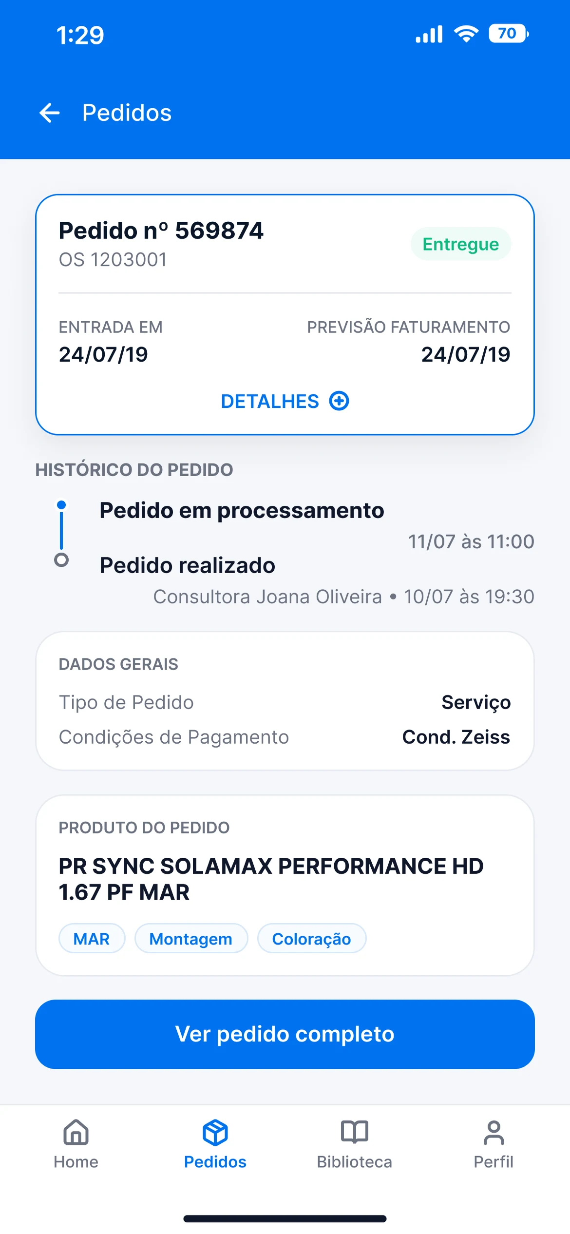Detalhe do pedido: histórico, dados gerais e a lente do pedido com antirreflexo, montagem e coloração