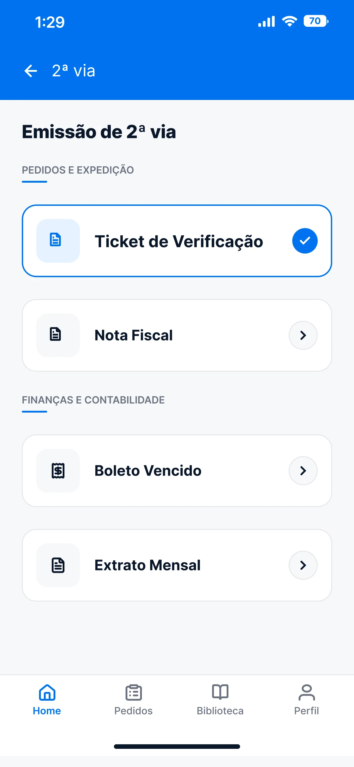 Emissão de 2ª via: ticket de verificação, nota fiscal, boleto vencido e extrato mensal
