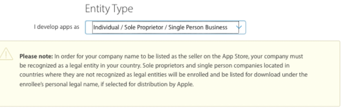 Seleção do tipo de entidade no Apple Developer Program