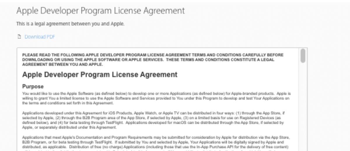 Contrato do Apple Developer Program antes da assinatura