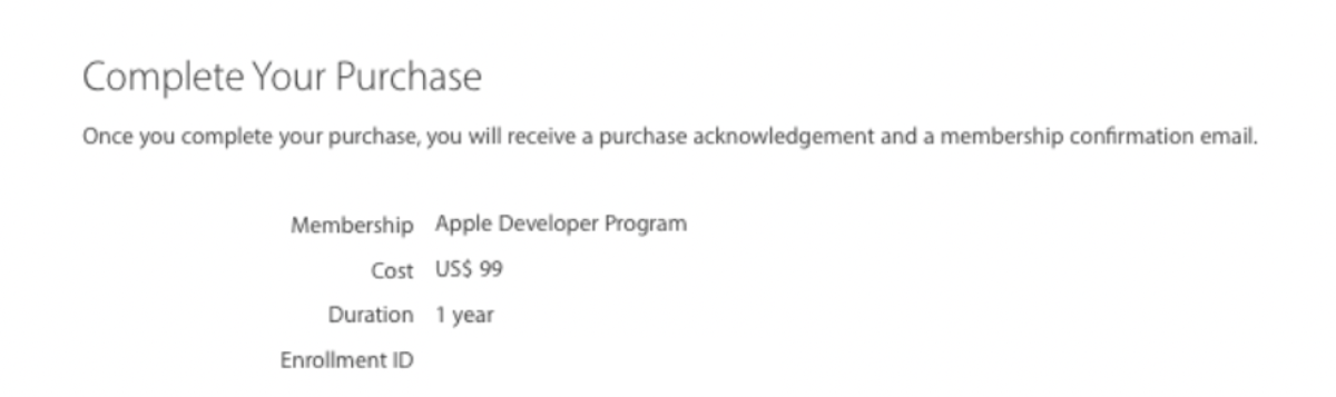 Pagamento da assinatura anual do Apple Developer Program