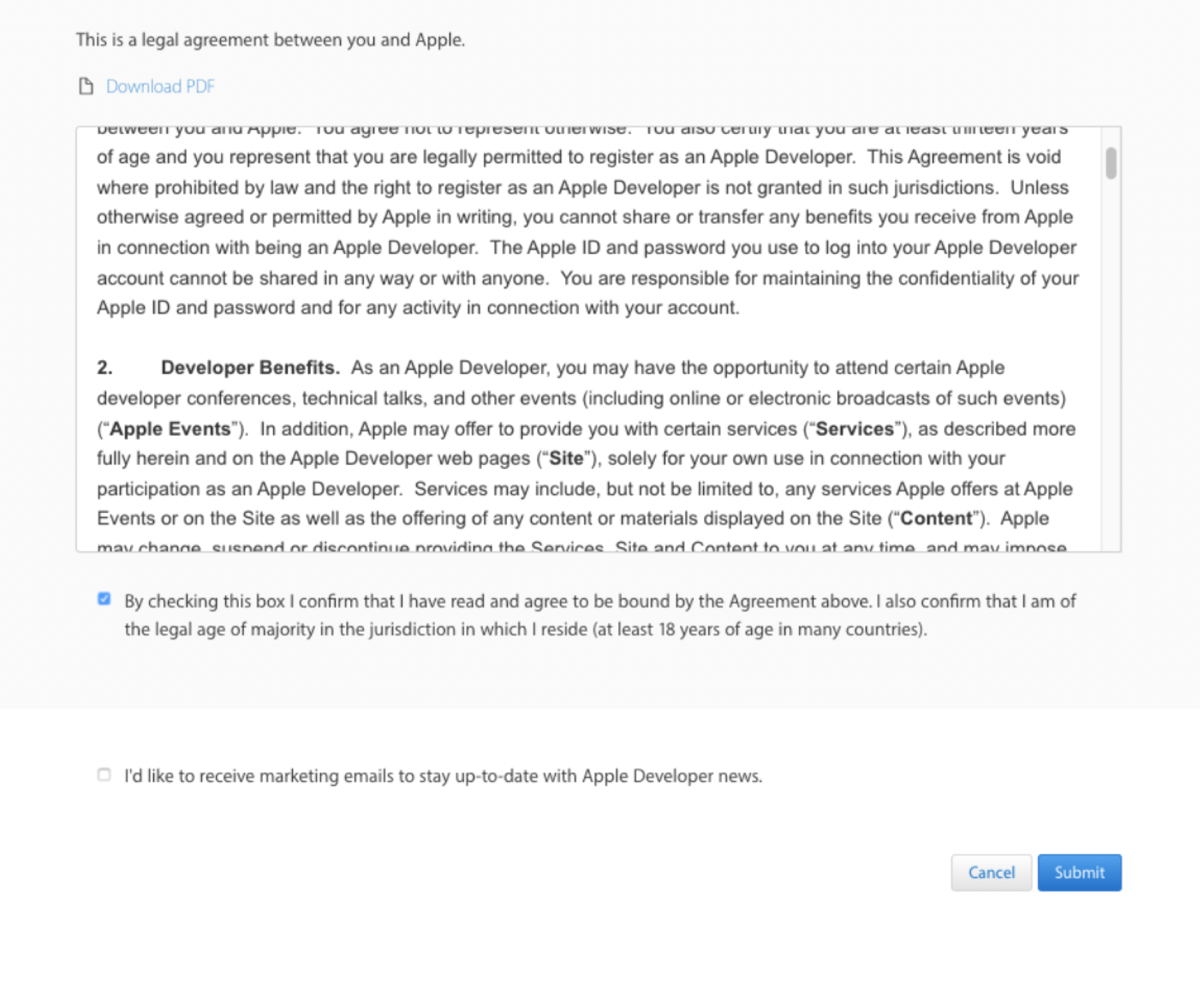 Tela de aceite de termos da Apple Developer