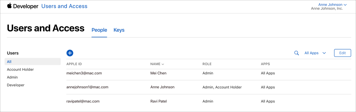 Área Users and Access do App Store Connect