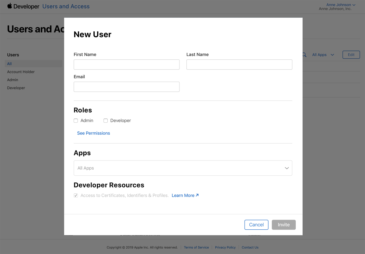 Tela para adicionar usuário no App Store Connect