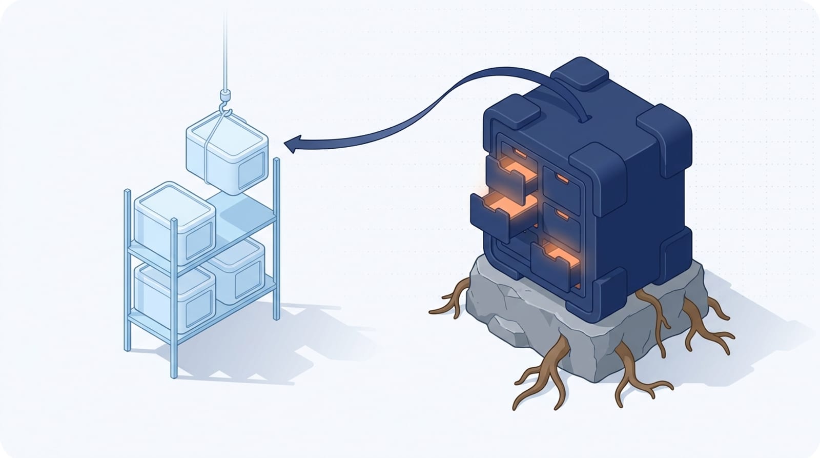 Ilustração isométrica contrastando uma prateleira de assinaturas alugadas e um arquivo próprio construído ao longo de anos