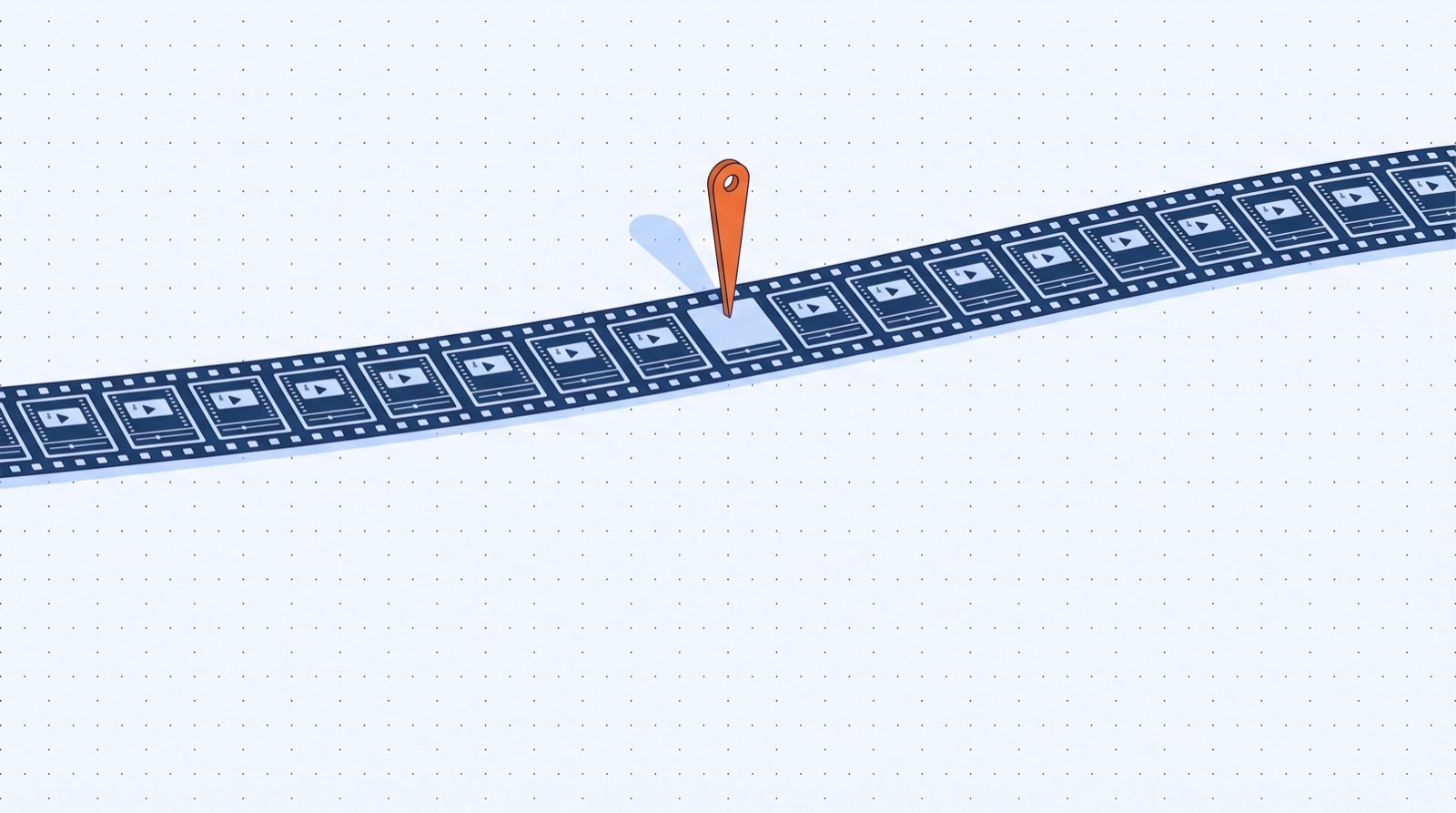 Ilustração isométrica de uma longa fita de quadros de vídeo em azul-marinho, com um único marcador laranja fixado num ponto específico da fita