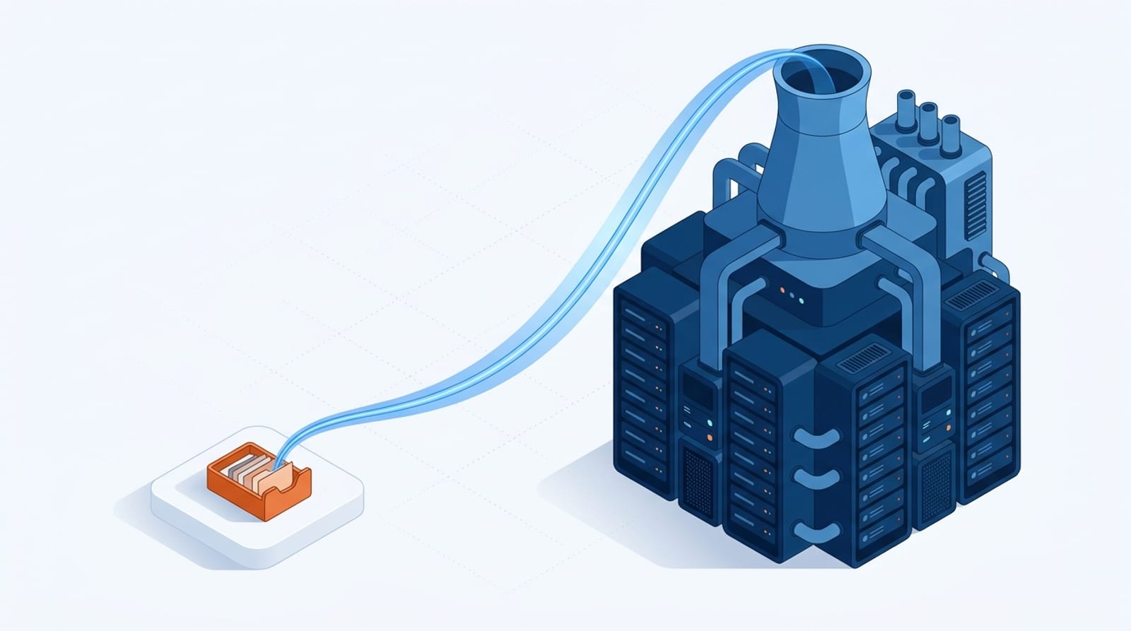 Ilustração isométrica de um fichário minúsculo e de um data center enorme produzindo exatamente o mesmo fluxo