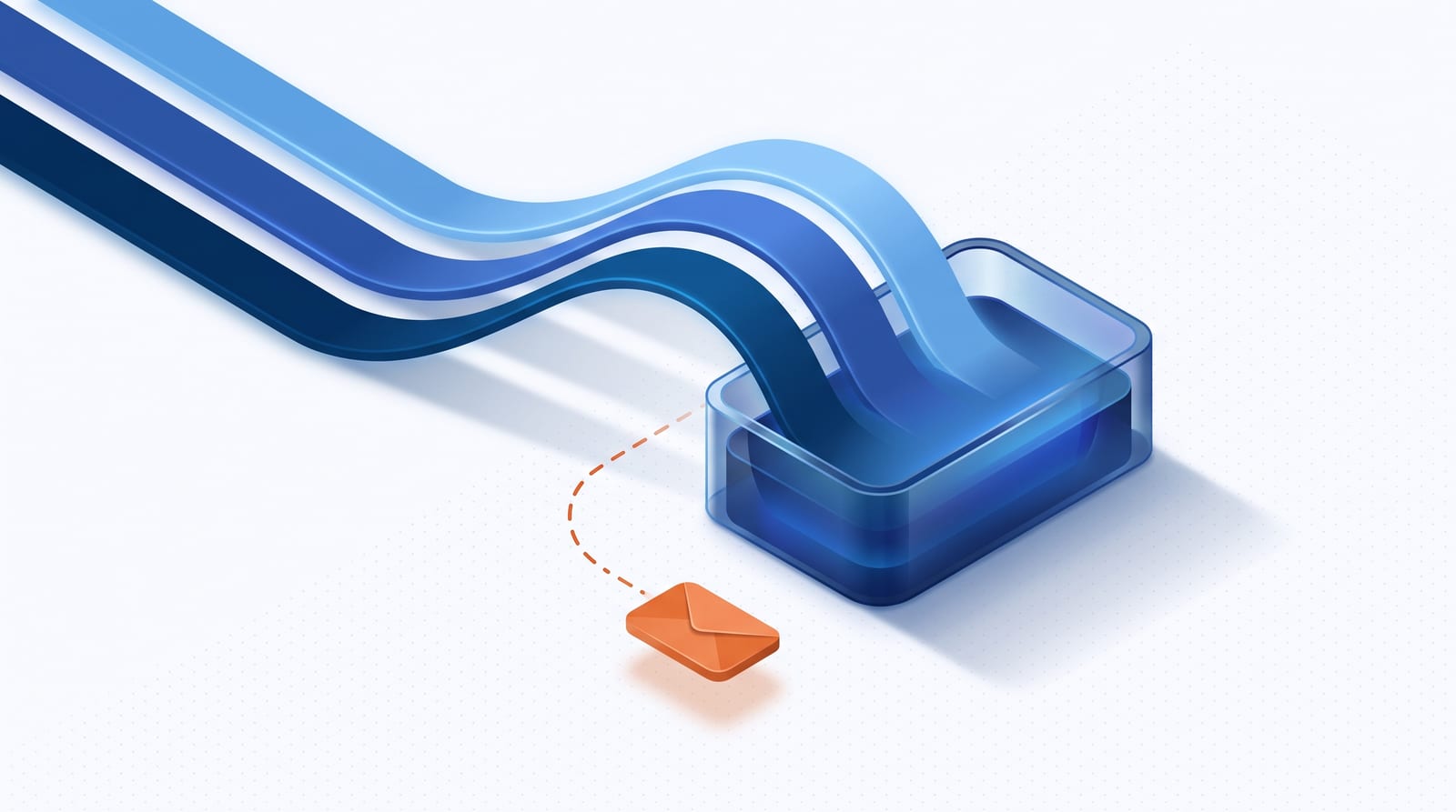 Ilustração isométrica com três trilhas coloridas convergindo para um repositório central, e uma quarta trilha tracejada de envelope de e-mail chegando por fora