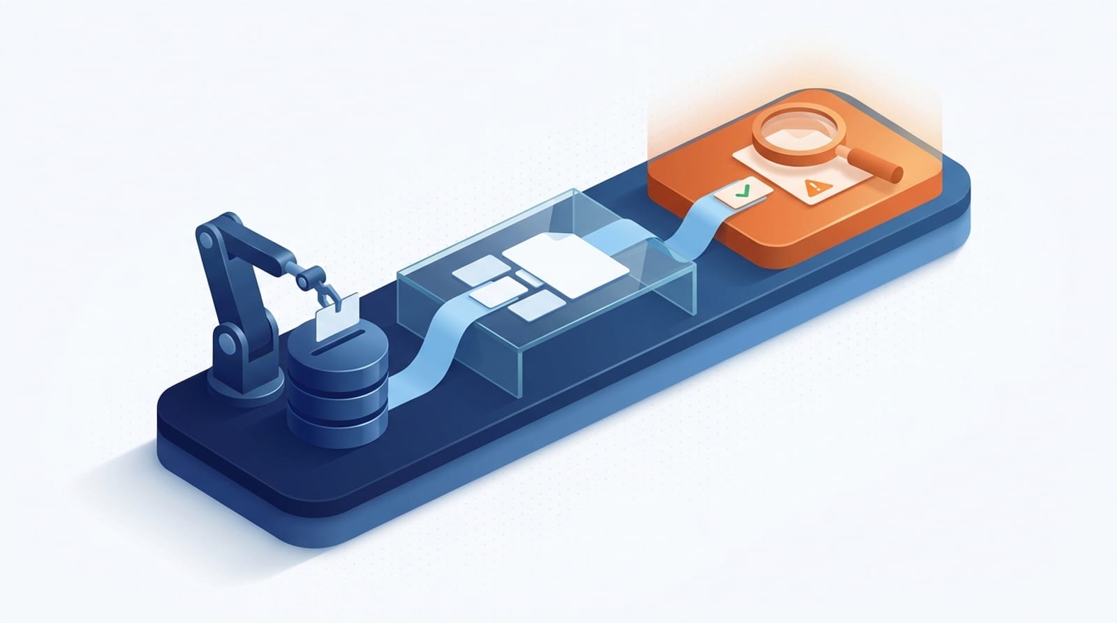 Ilustração isométrica com três estações de trabalho conectadas: um coletor determinístico, um redator assistido por IA e um verificador que confere campo a campo